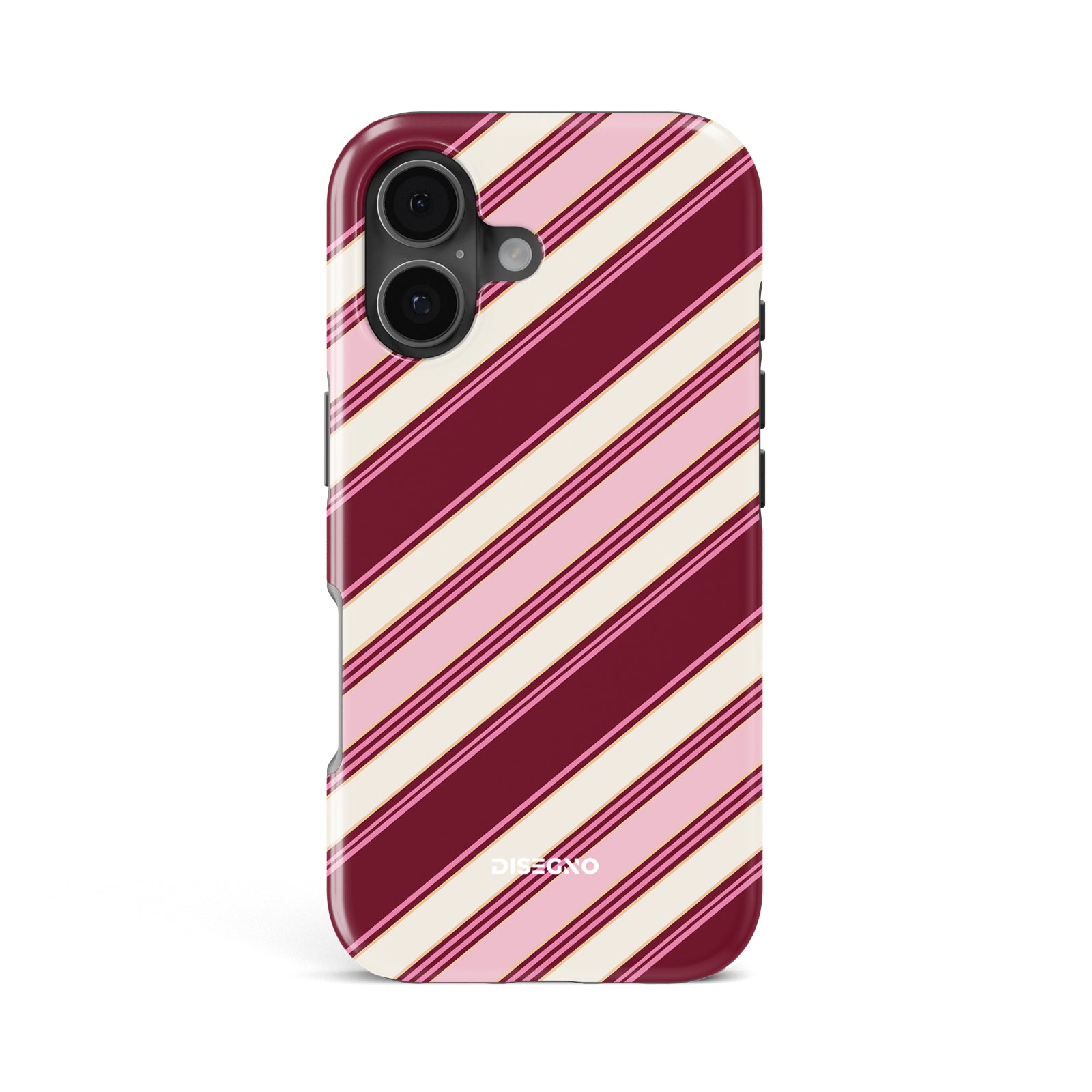 Amarena Stripes tough MagSafe case for iPhone 17 with wine, pink and cream diagonal stripes