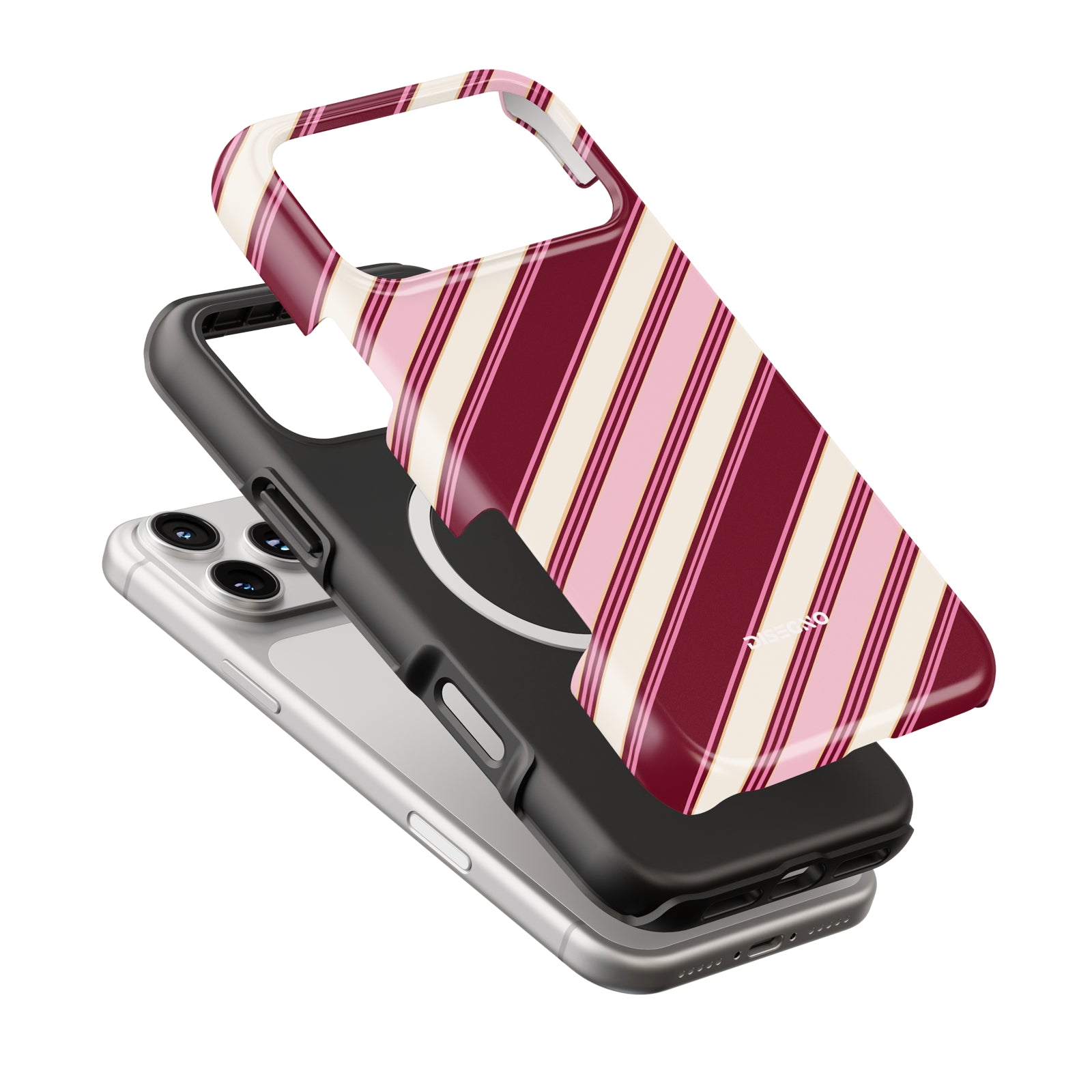 Amarena Stripes tough case dual-layer construction with MagSafe ring, wine, pink and cream diagonal stripes