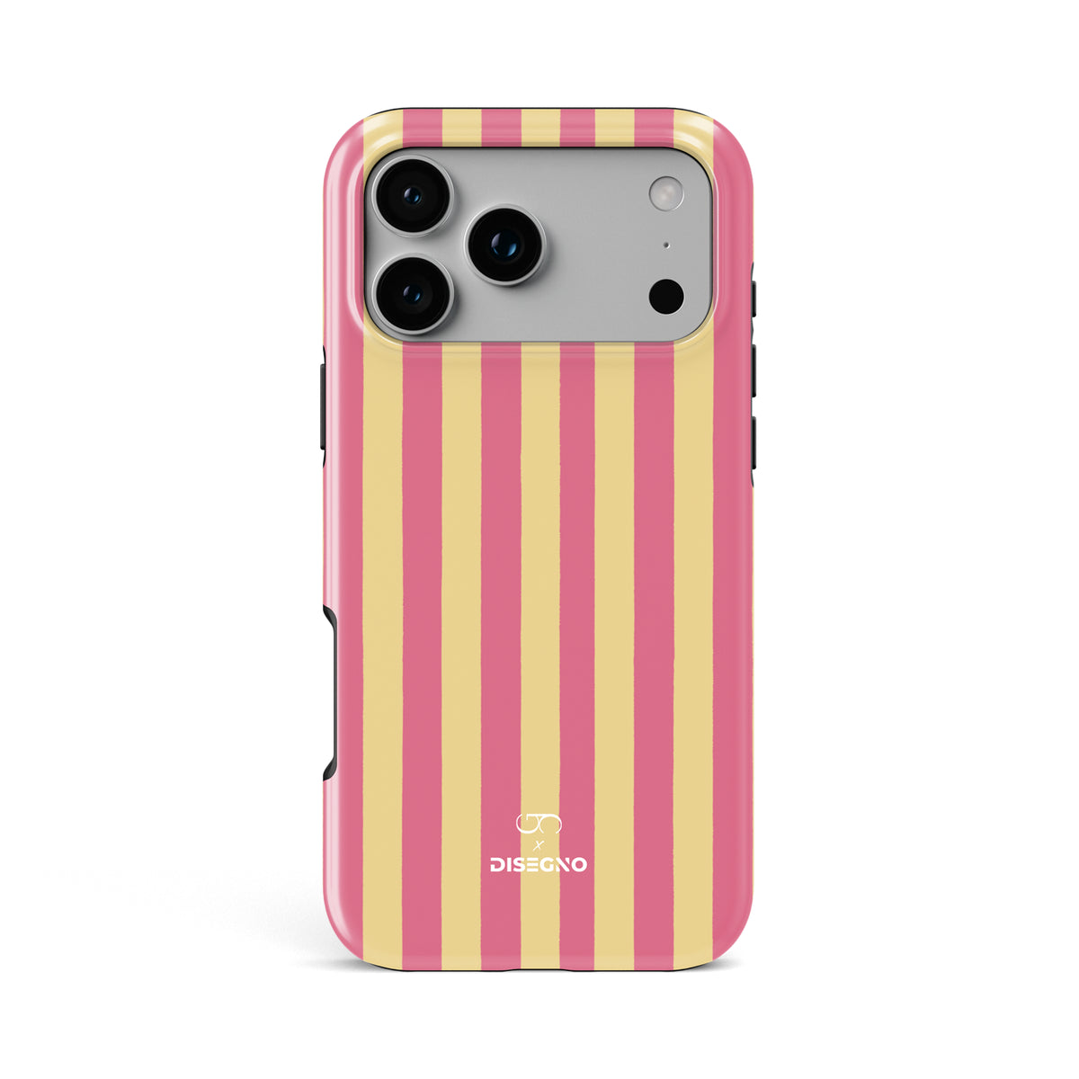 Beach Club tough MagSafe case for iPhone 17 Pro Max with pink and yellow vertical stripes
