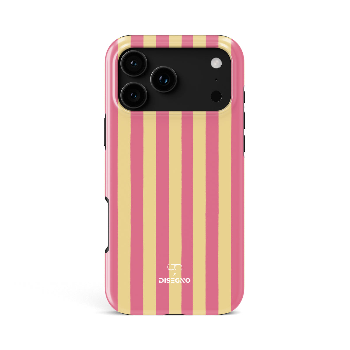 Beach Club tough MagSafe case for iPhone 18 Pro Max with pink and yellow vertical stripes