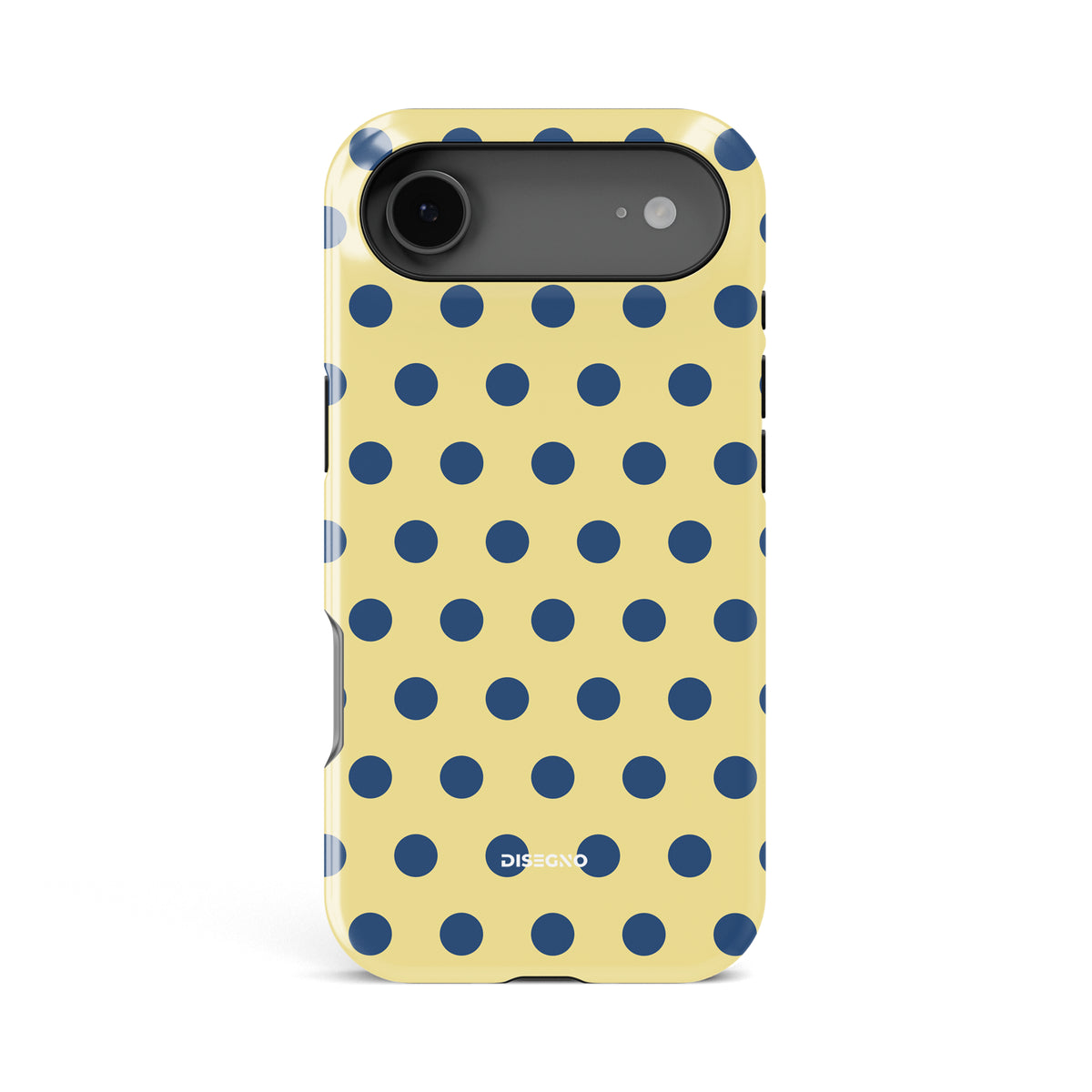 Caracola Polka Dots tough MagSafe case for iPhone 17 Air with indigo polka dots on canary yellow