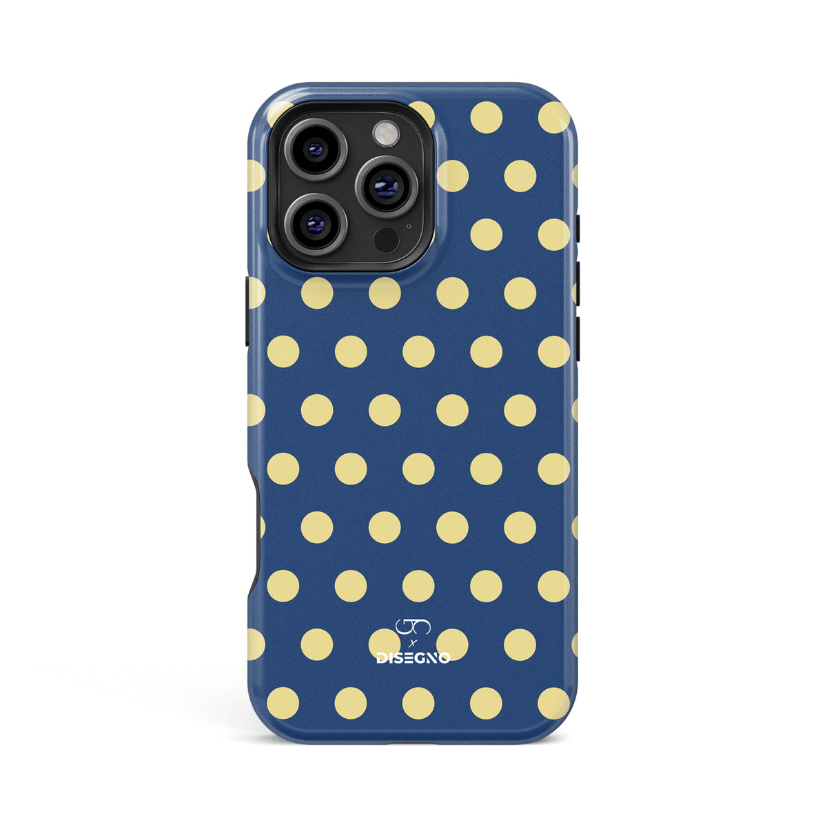 Caracola Polka Dots tough MagSafe case for iPhone 13 Pro Max with yellow polka dots on indigo blue