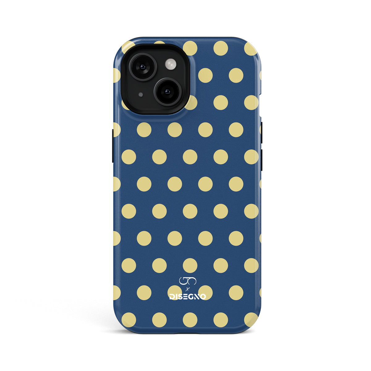 Caracola Polka Dots tough MagSafe case for iPhone 15 with yellow polka dots on indigo blue