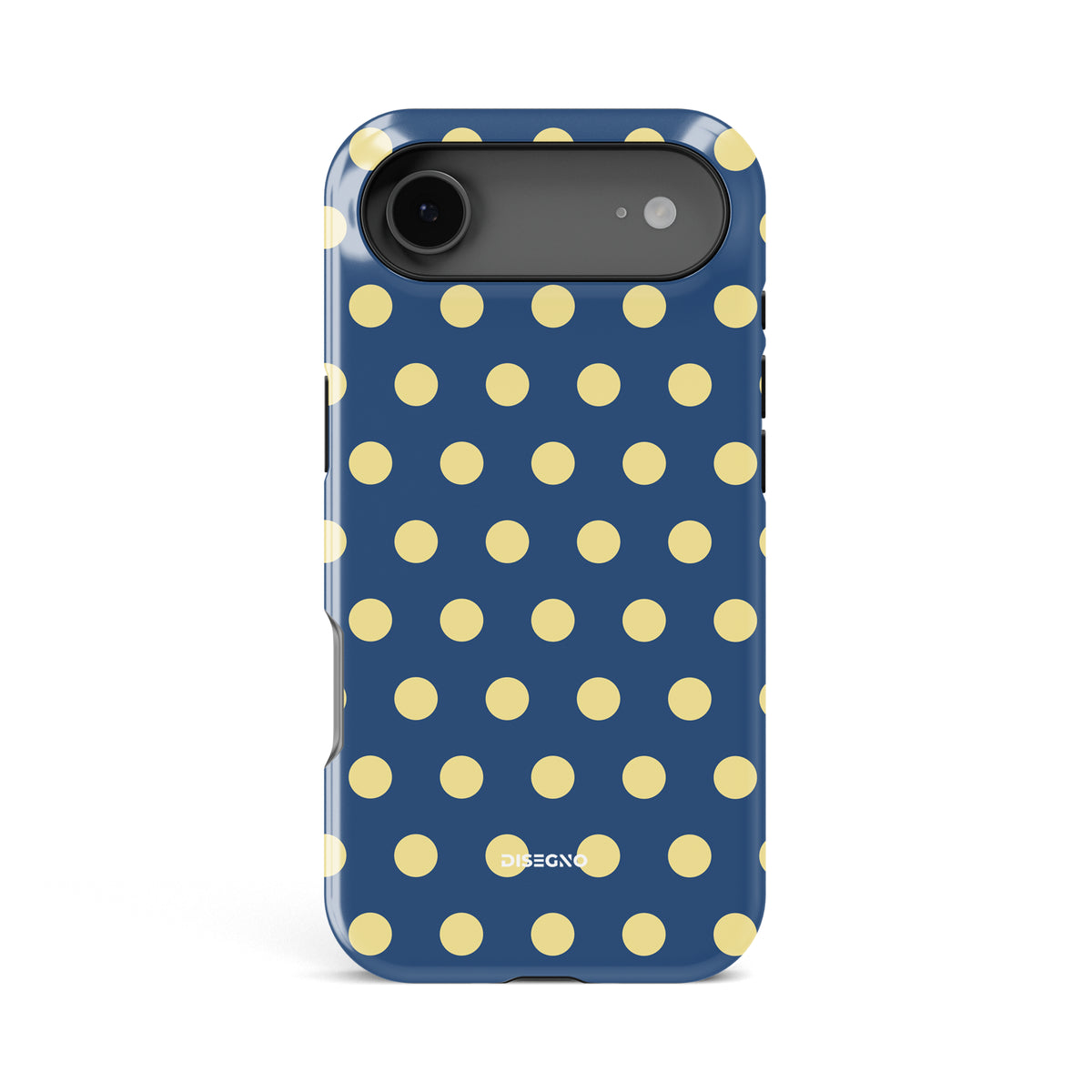 Caracola Polka Dots tough MagSafe case for iPhone 17 Air with yellow polka dots on indigo blue