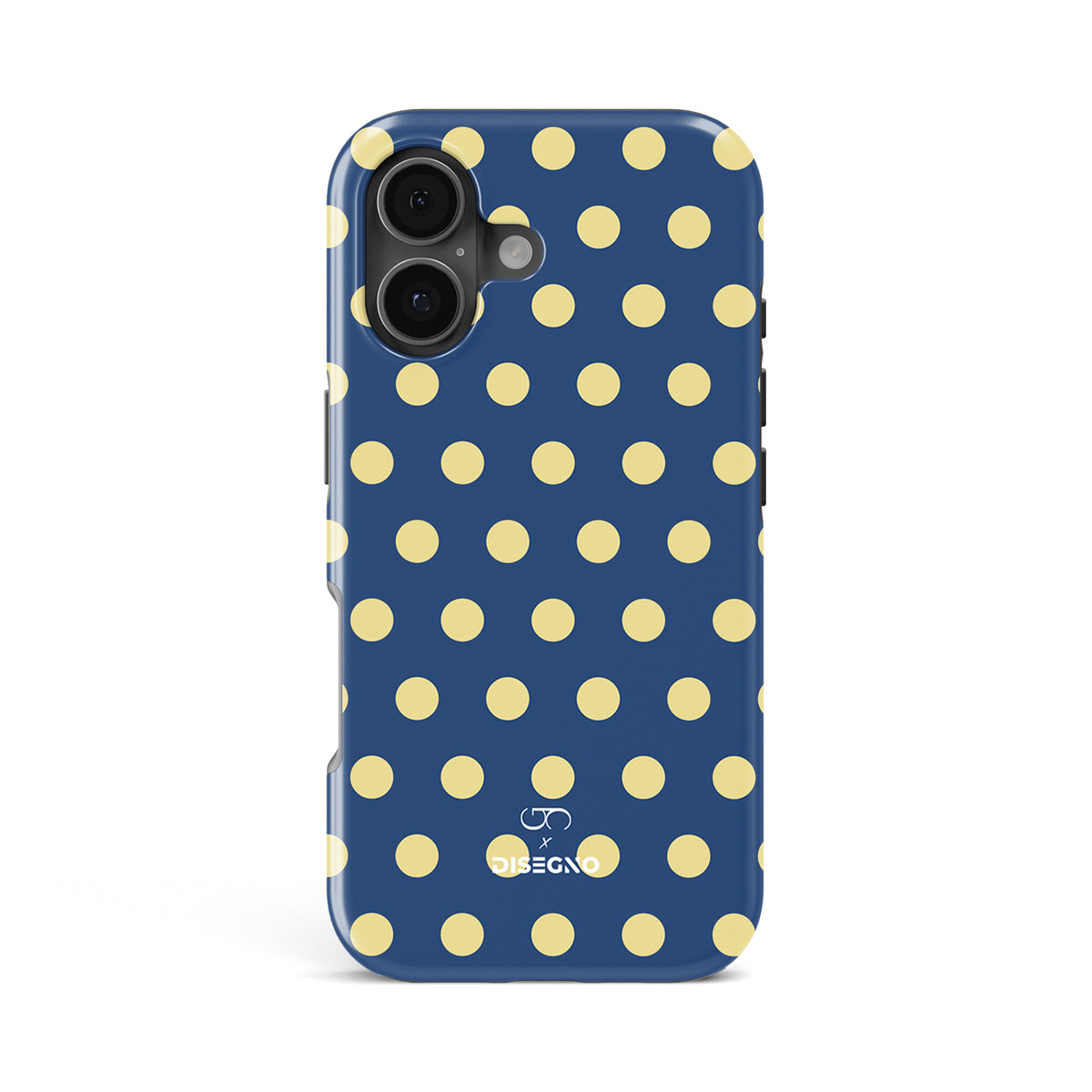 Caracola Polka Dots tough MagSafe case for iPhone 17 with yellow polka dots on indigo blue