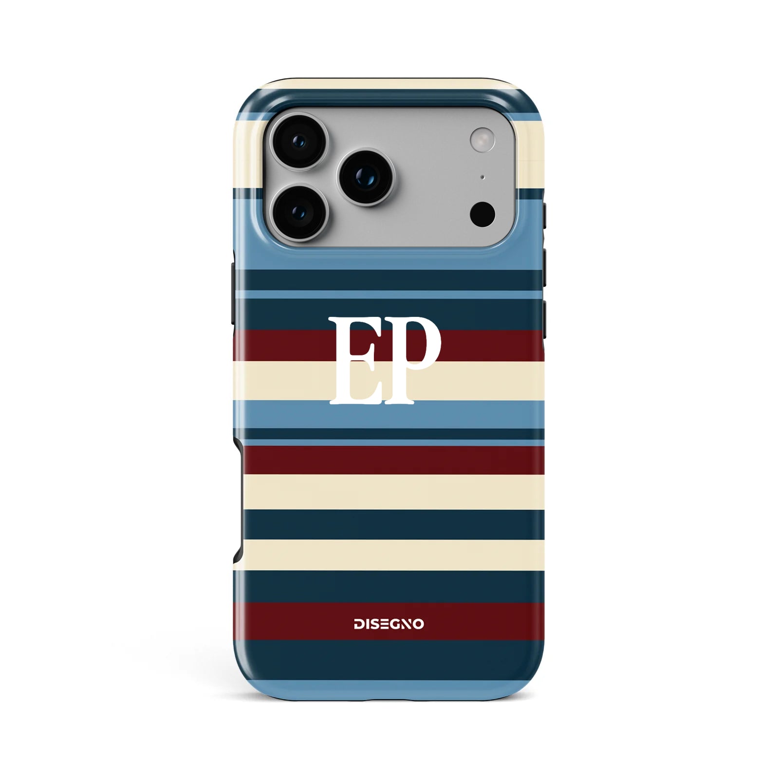 Ritorno Stripes tough MagSafe case personalized with initials in white bold serif font