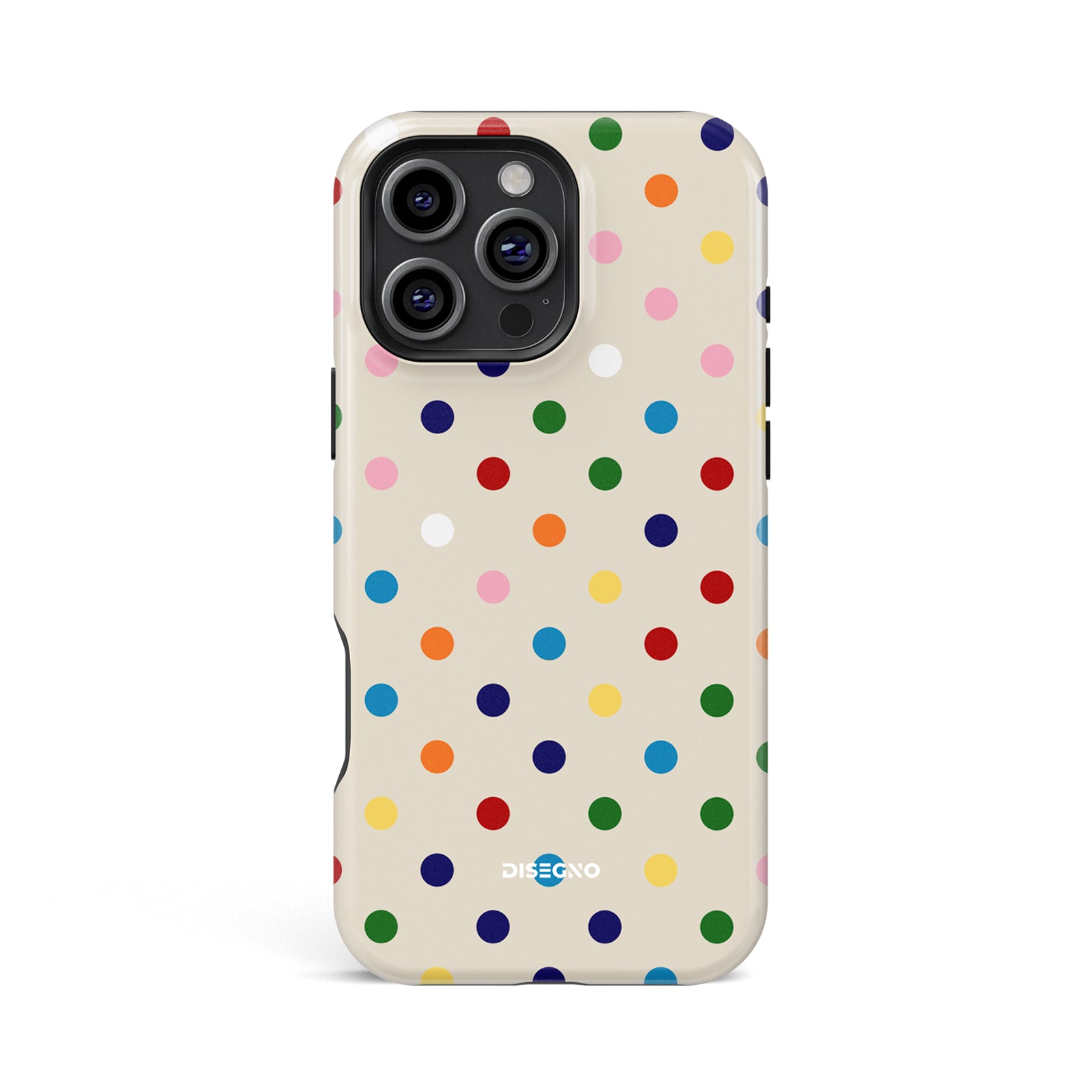 Dot Cake tough MagSafe case for iPhone 14 Pro Max with multicolor polka dots on cream