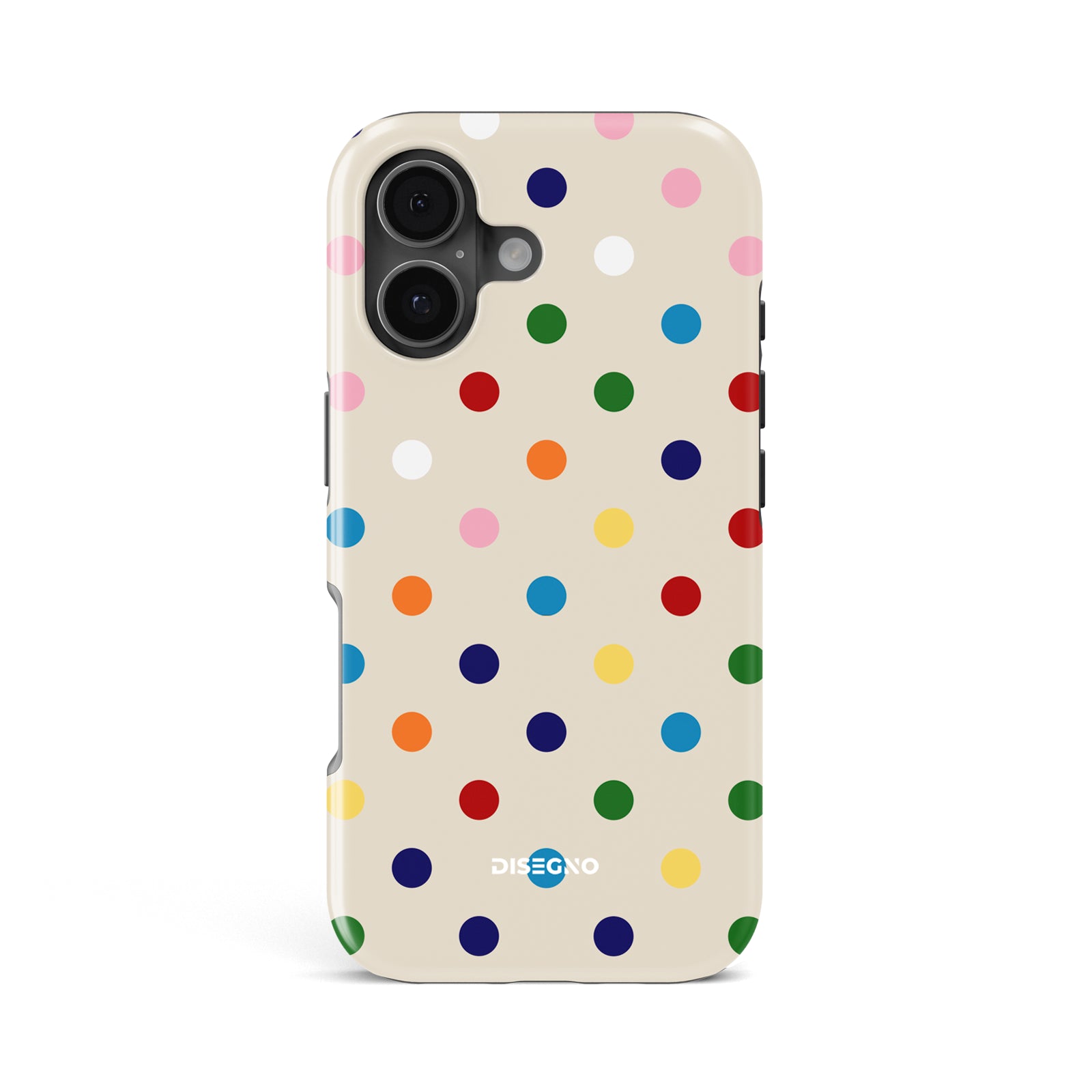 Dot Cake tough MagSafe case for iPhone 17 with multicolor polka dots on cream