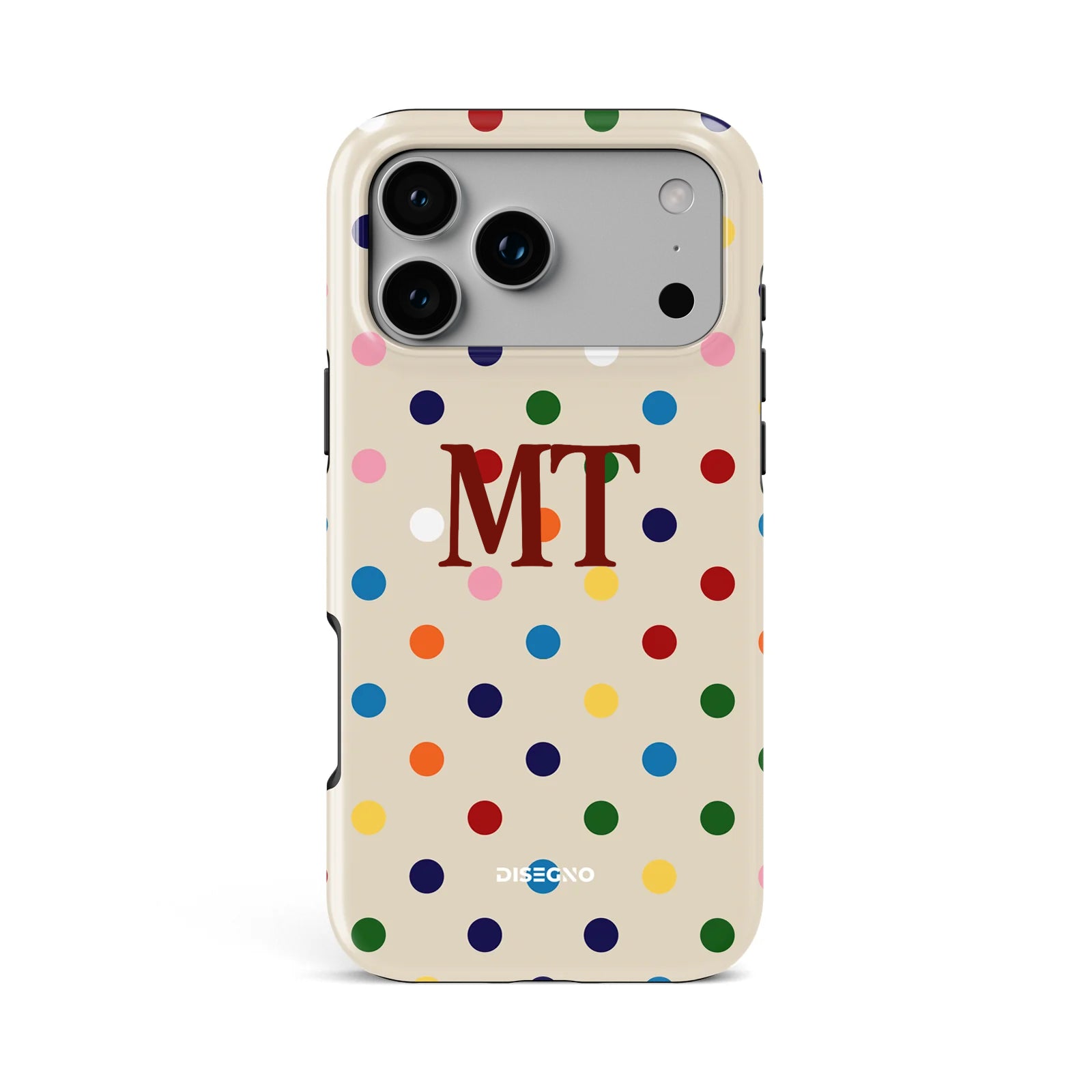 Dot Cake tough MagSafe case personalized with initials in mahogany
bold serif font