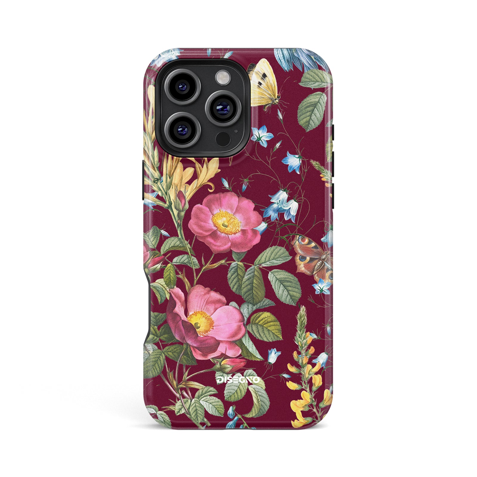 Firenze tough MagSafe case for iPhone 16 Pro Max with vintage floral print of pink roses and bluebells on deep wine
