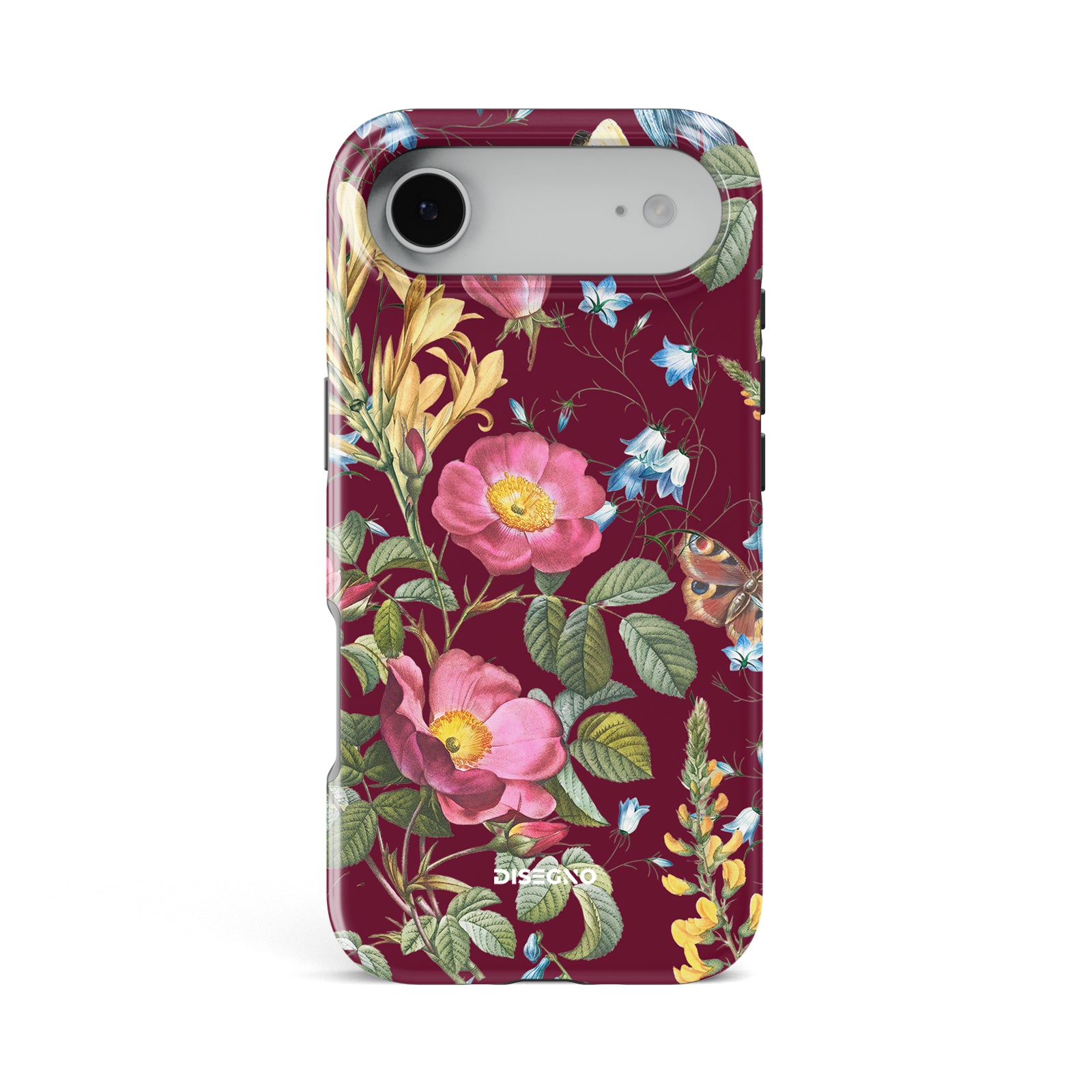 Firenze tough MagSafe case for iPhone 17 Air with vintage floral print of pink roses and bluebells on deep wine