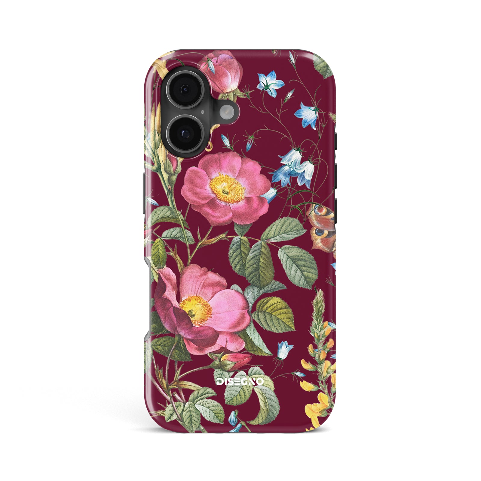 Firenze tough MagSafe case for iPhone 17 with vintage floral print of pink roses and bluebells on deep wine