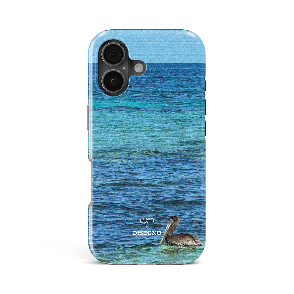 Happy Hour tough MagSafe case for iPhone 17 with a pelican on turquoise Caribbean water