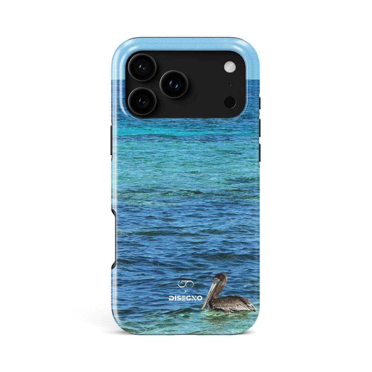 Happy Hour tough MagSafe case for iPhone 18 Pro Max with a pelican on turquoise Caribbean water
