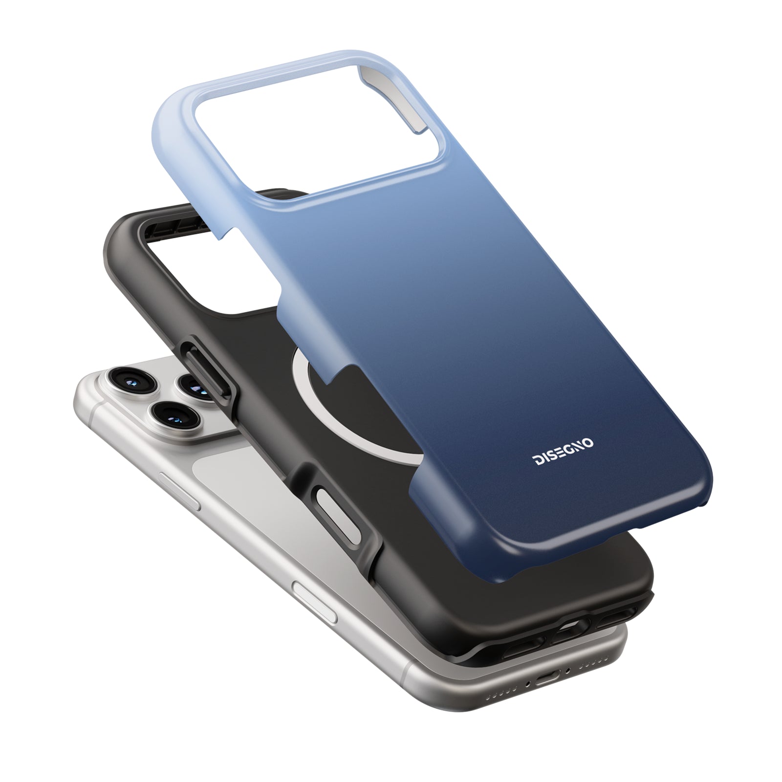 Indigo tough case dual-layer
construction with MagSafe ring, light
blue to navy gradient