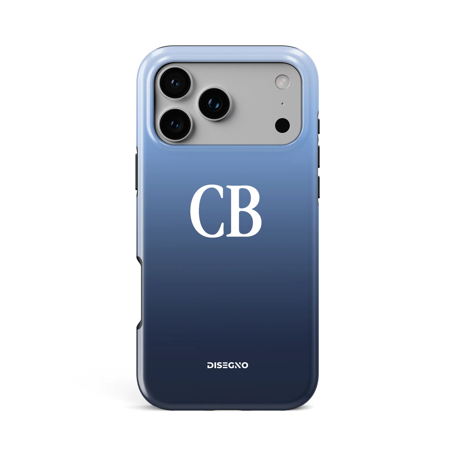 Indigo tough MagSafe case personalized with initials in white bold serif font