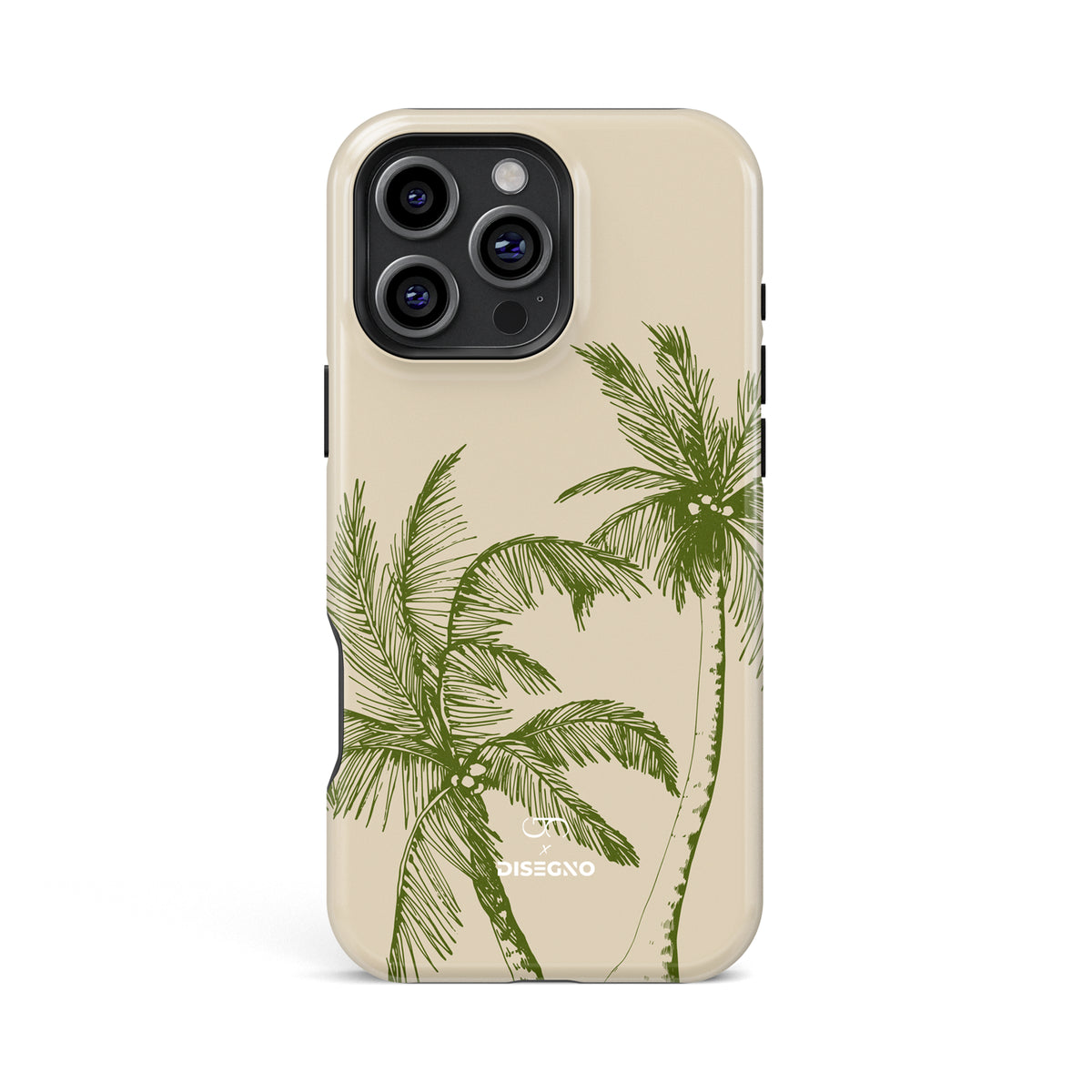 Isla tough MagSafe case for iPhone 13 Pro Max with olive green palm trees on cream