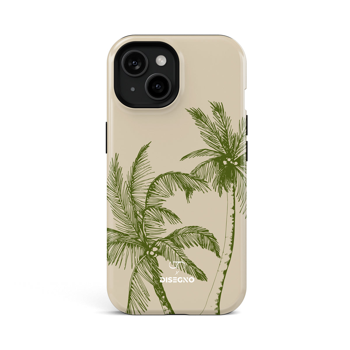 La Isla tough MagSafe case for iPhone 13 with olive green palm trees on cream