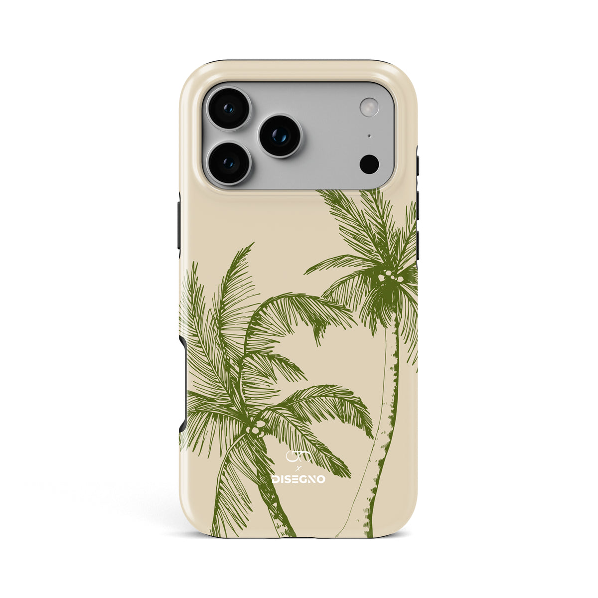 La Isla tough MagSafe case for iPhone 17 Pro Max with olive green palm trees on cream