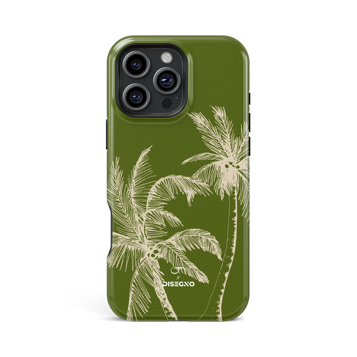 La Isla tough MagSafe case for iPhone 16 Pro Max with cream palm trees on olive green