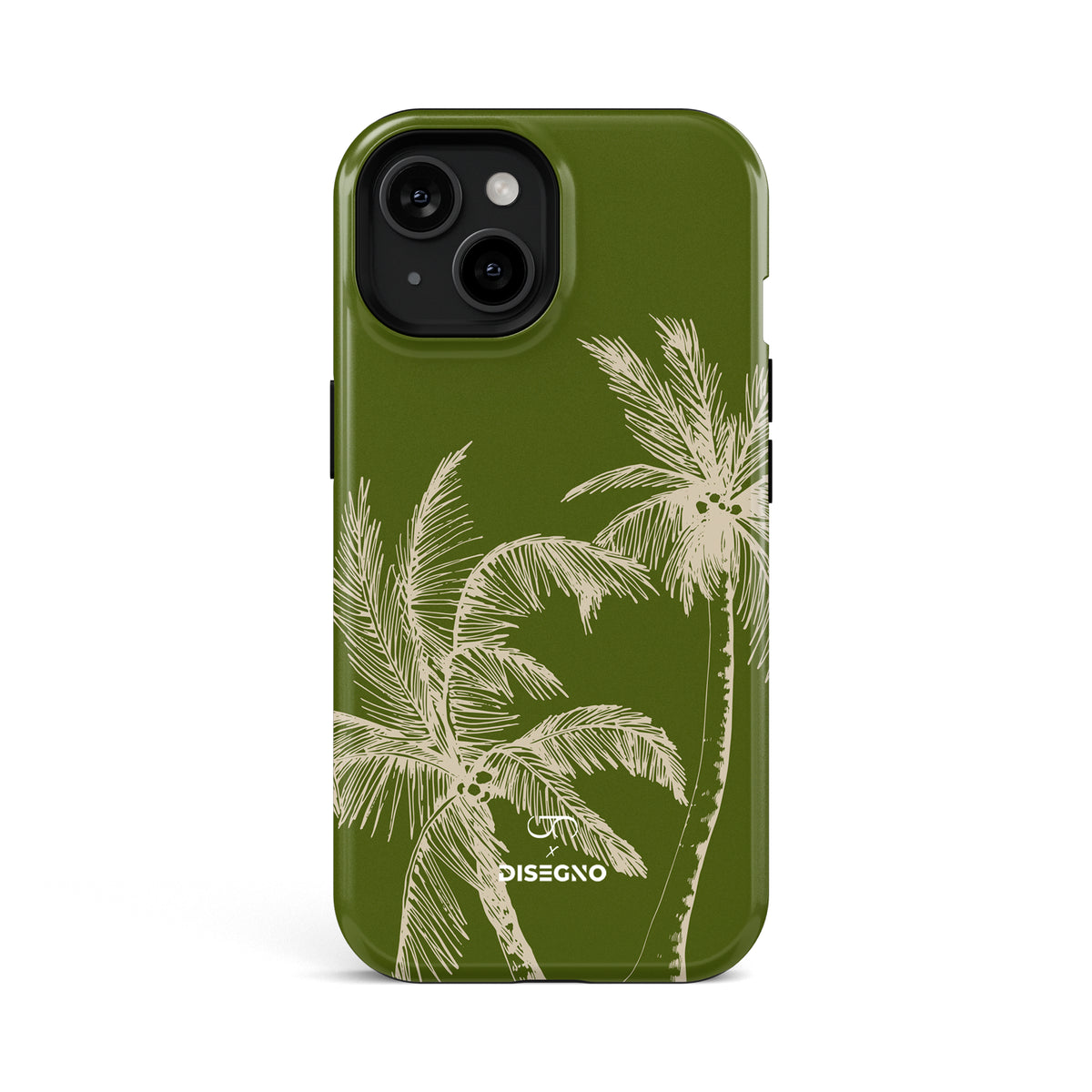 La Isla tough MagSafe case for iPhone 13 with cream palm trees on olive green