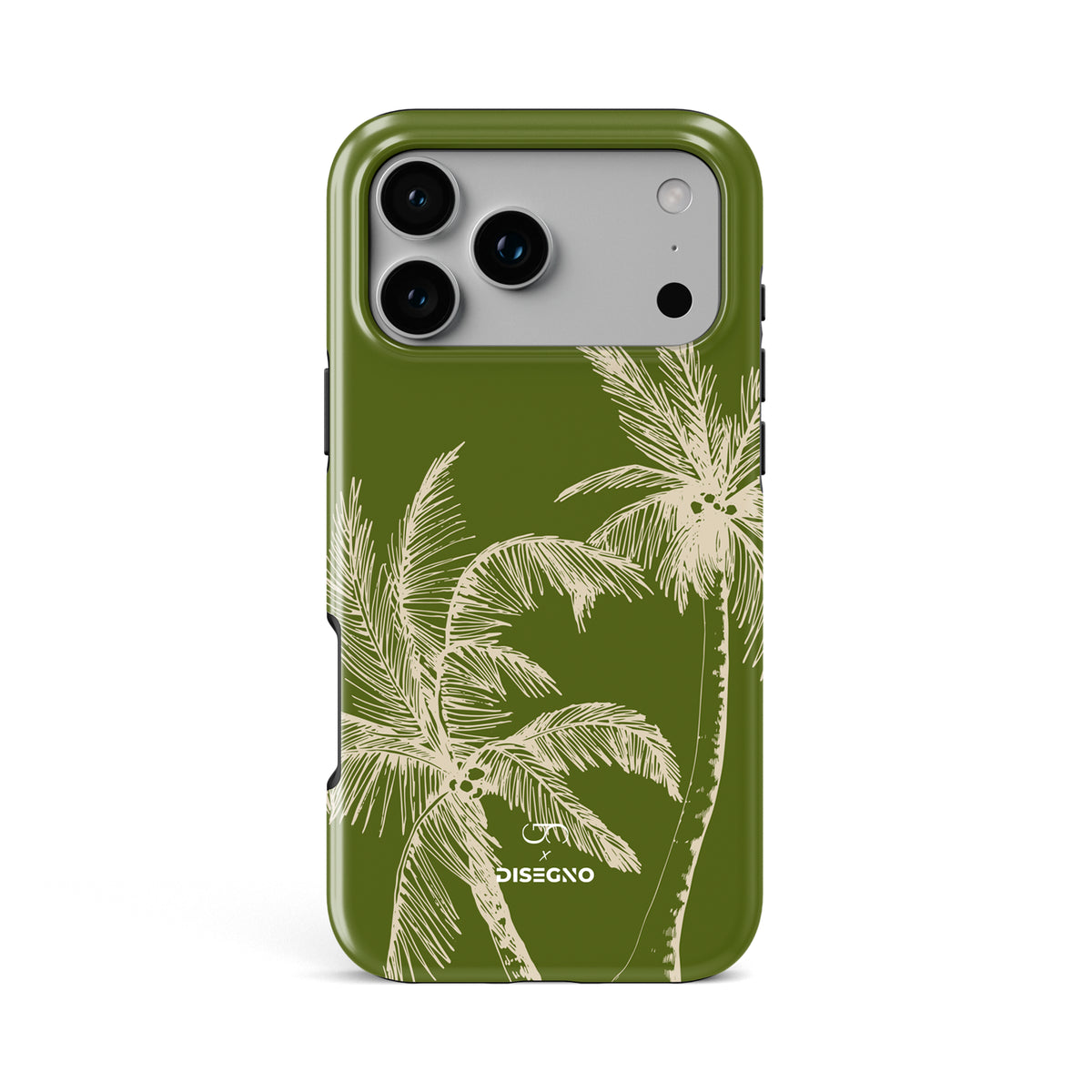 La Isla tough MagSafe case for iPhone 17 Pro Max with cream palm trees on olive green