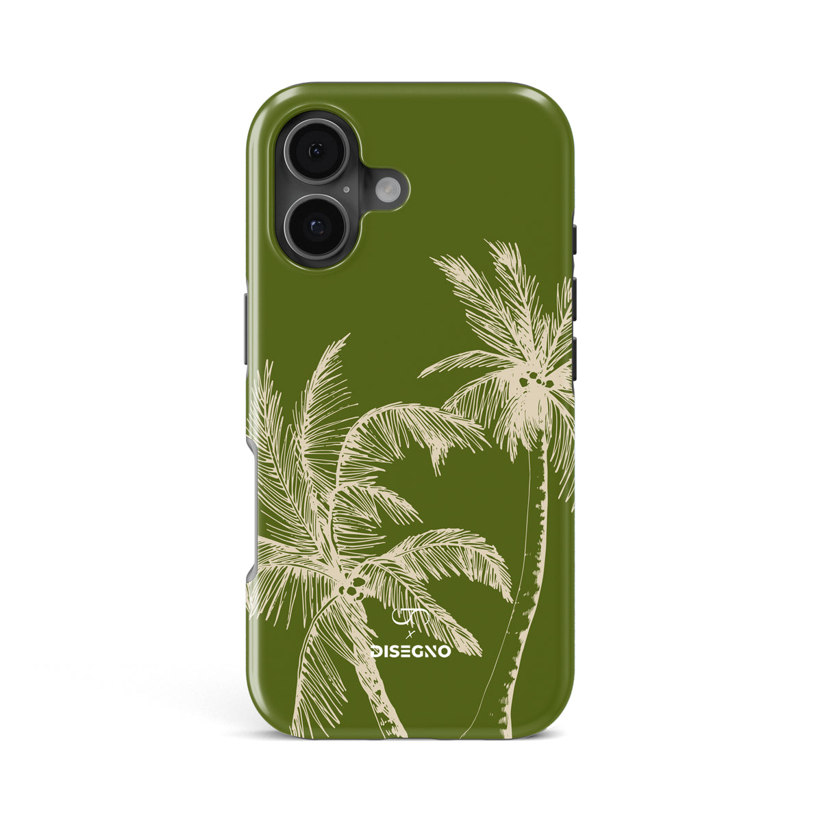 La Isla tough MagSafe case for iPhone 17 with cream palm trees on olive green