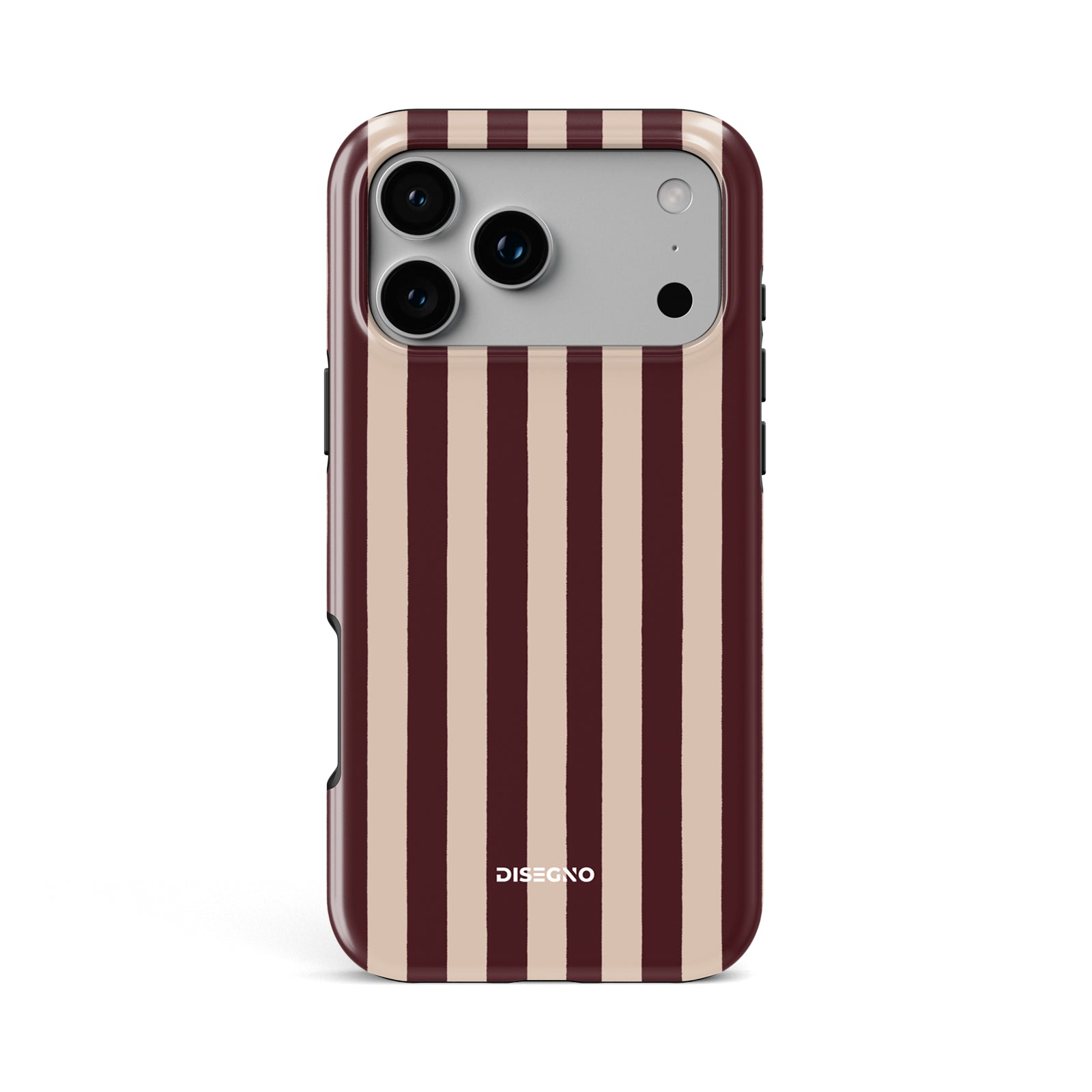 Merlot Stripes tough MagSafe case for iPhone 17 Pro Max with deep wine and beige vertical stripes