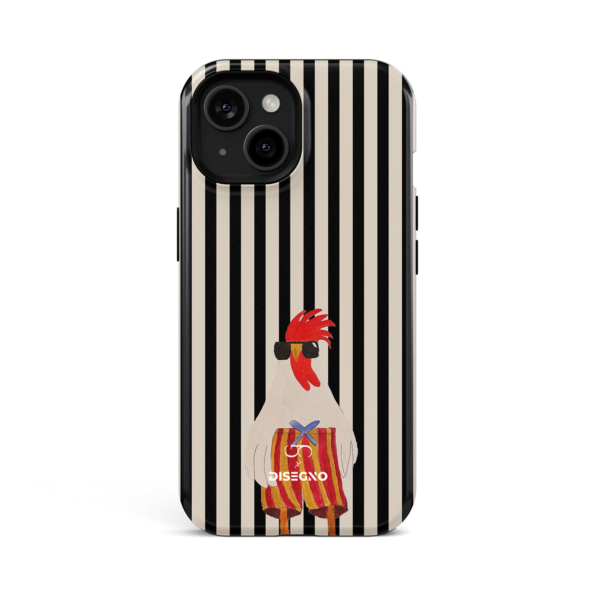 Off Duty tough MagSafe case for iPhone 13 with an illustrated rooster in sunglasses on black and white stripes