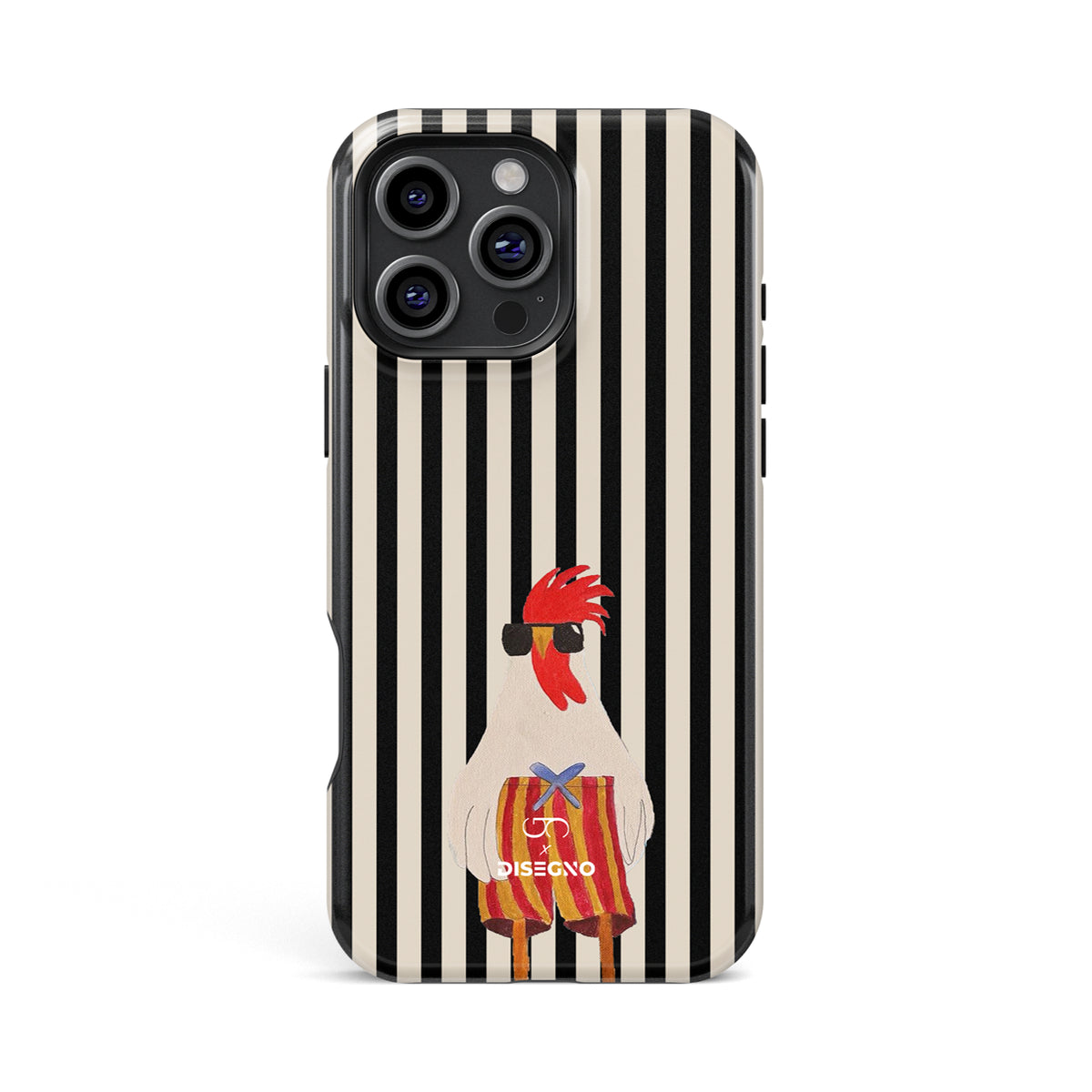 Off Duty tough MagSafe case for iPhone 15 Pro Max with an illustrated rooster in sunglasses on black and white stripes