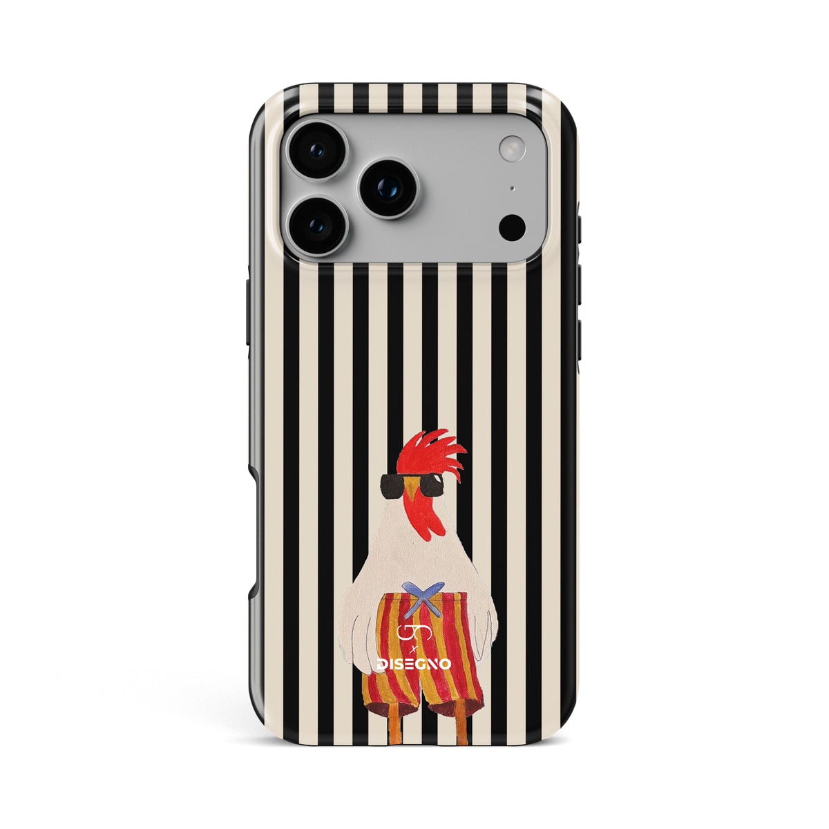 Off Duty tough MagSafe case for iPhone 17 Pro Max with an illustrated rooster in sunglasses on black and white stripes