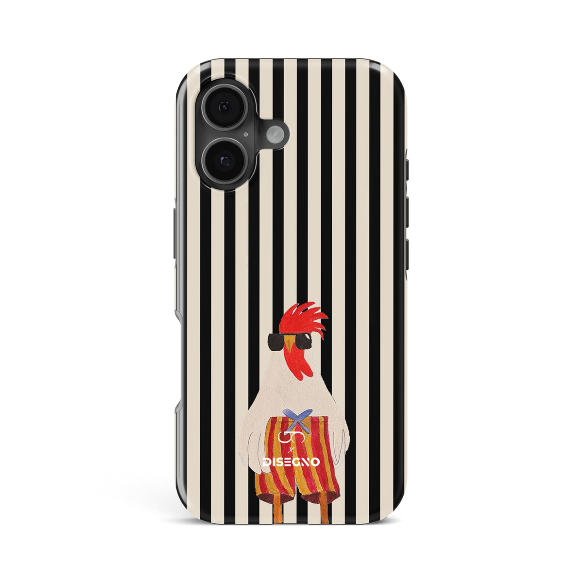 Off Duty tough MagSafe case for iPhone 17 with an illustrated rooster in sunglasses on black and white stripes