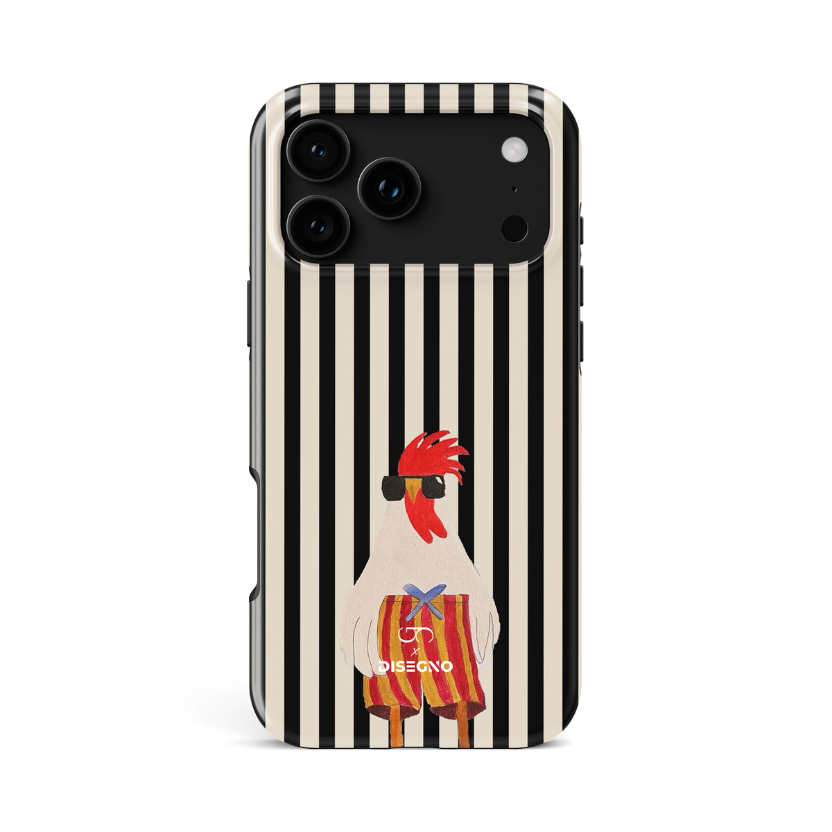 Off Duty tough MagSafe case for iPhone 18 Pro Max with an illustrated rooster in sunglasses on black and white stripes