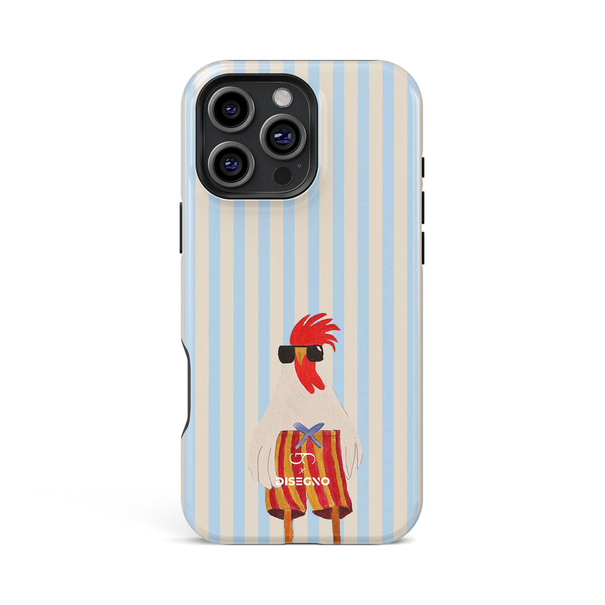 Off Duty tough MagSafe case for iPhone 13 Pro Max with a rooster in sunglasses on light blue and cream stripes