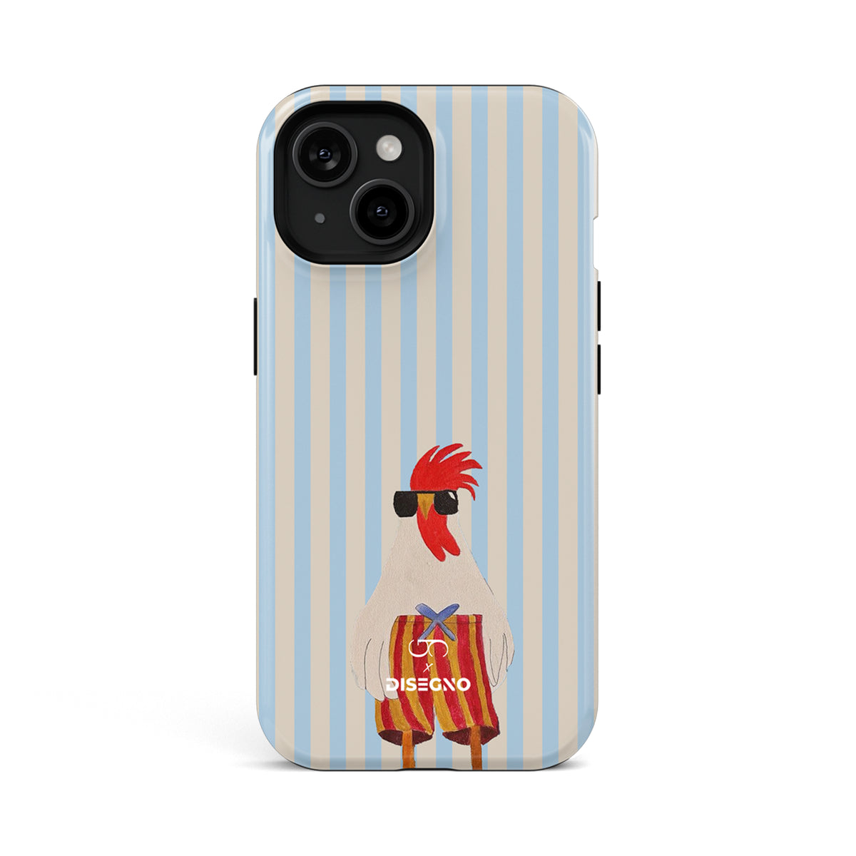 Off Duty tough MagSafe case for iPhone 13 with a rooster in sunglasses on light blue and cream stripes