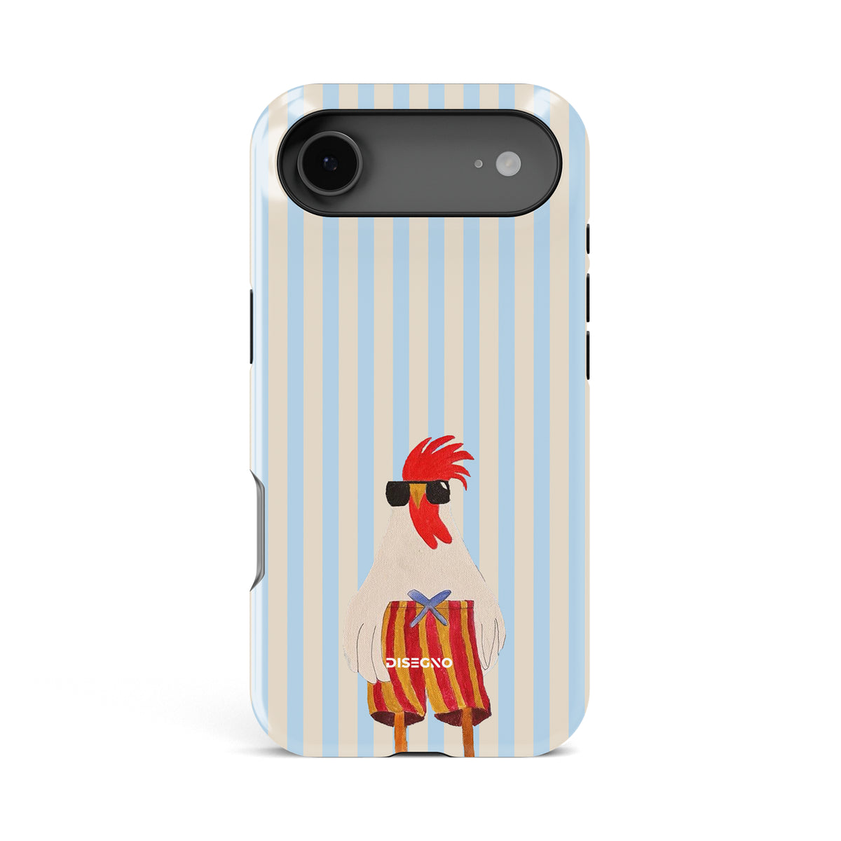 Off Duty tough MagSafe case for iPhone 17 Air with a rooster in sunglasses on light blue and cream stripes