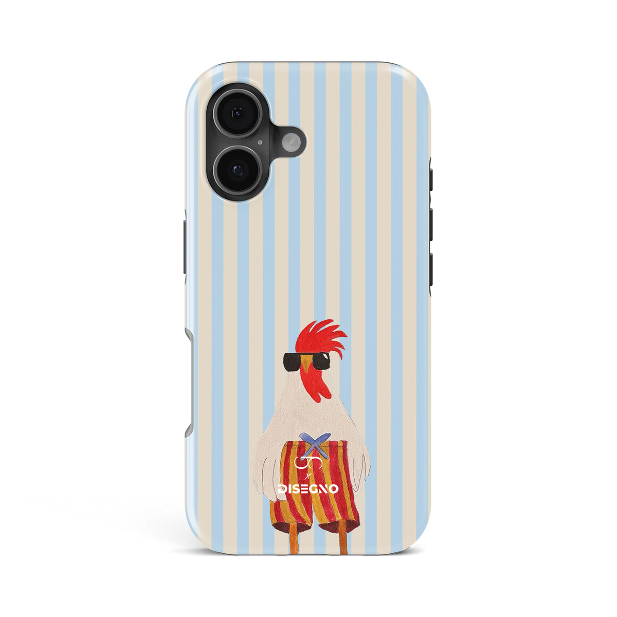 Off Duty tough MagSafe case for iPhone 17 with a rooster in sunglasses on light blue and cream stripes