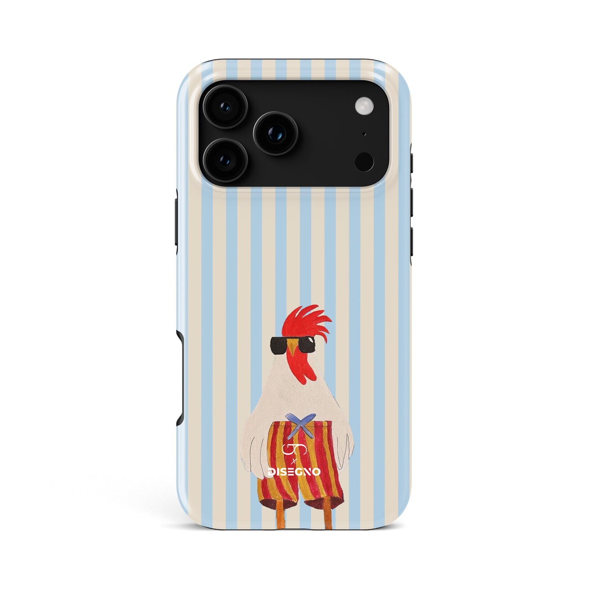 Off Duty tough MagSafe case for iPhone 18 Pro Max with a rooster in sunglasses on light blue and cream stripes