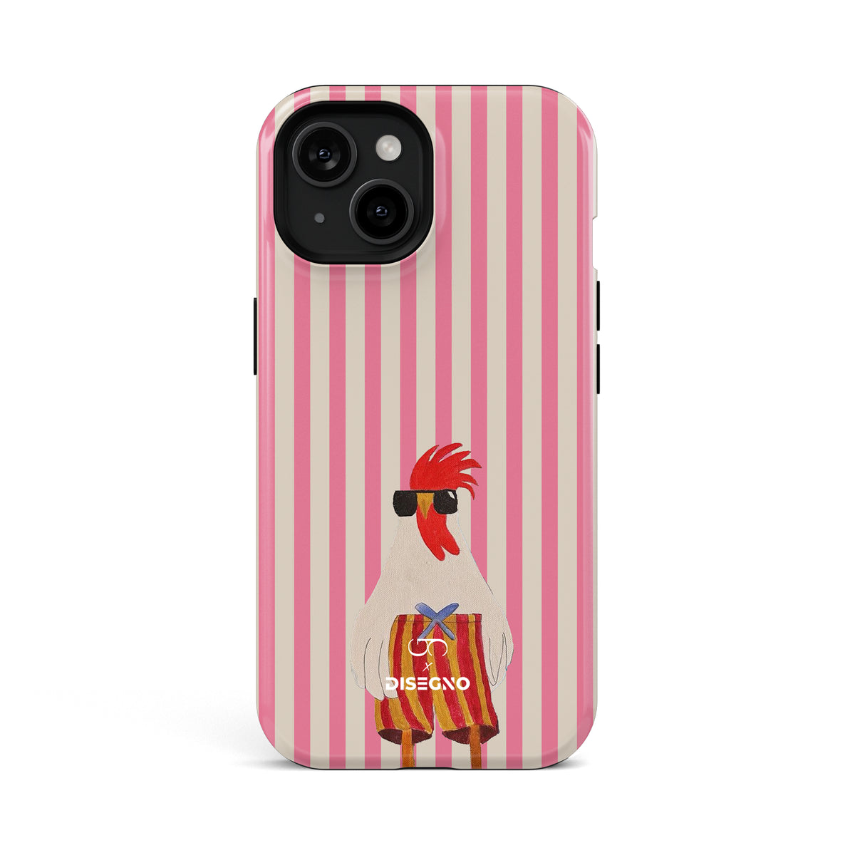 Off Duty tough MagSafe case for iPhone 15 with a rooster in sunglasses on pink and cream stripes
