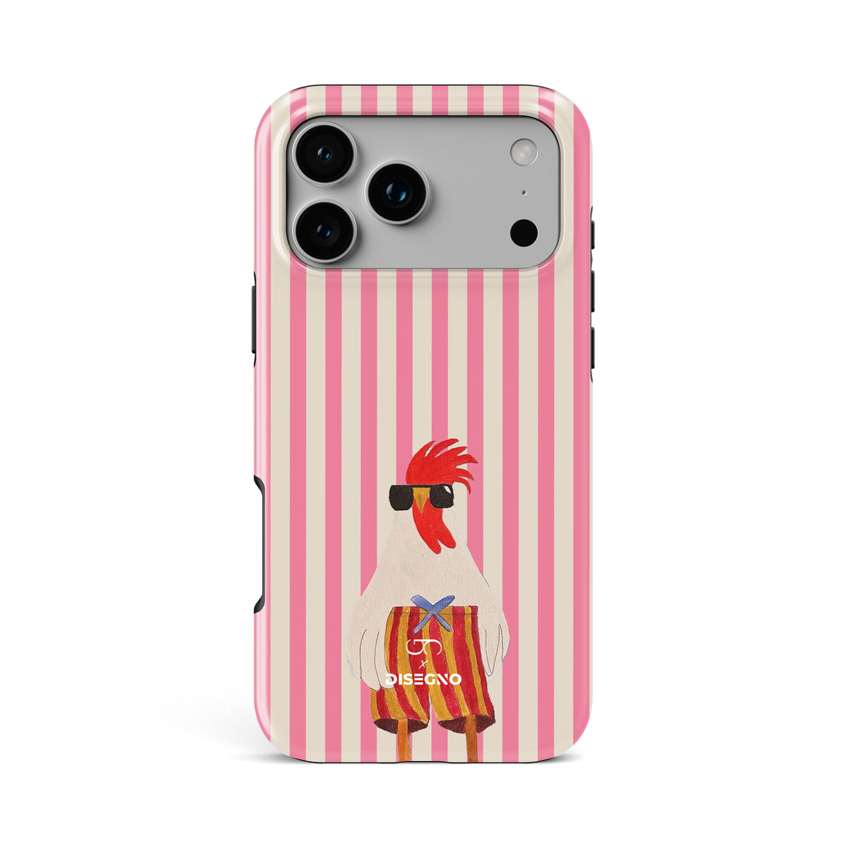 Off Duty tough MagSafe case for iPhone 17 Pro Max with a rooster in sunglasses on pink and cream stripes