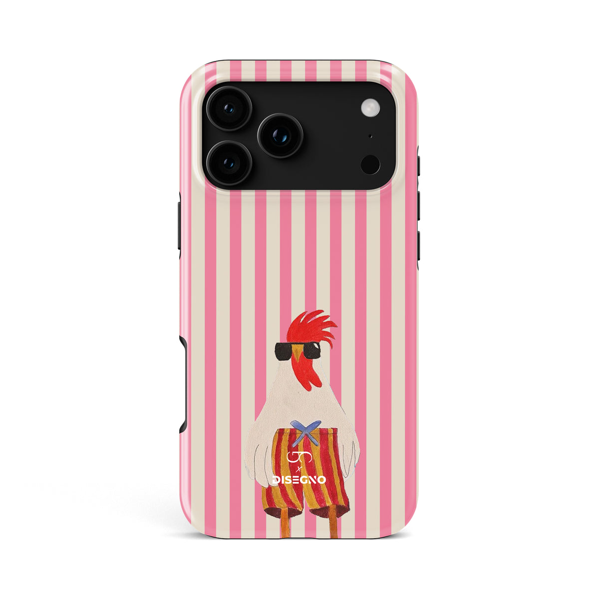 Off Duty tough MagSafe case for iPhone 18 Pro Max with a rooster in sunglasses on pink and cream stripes