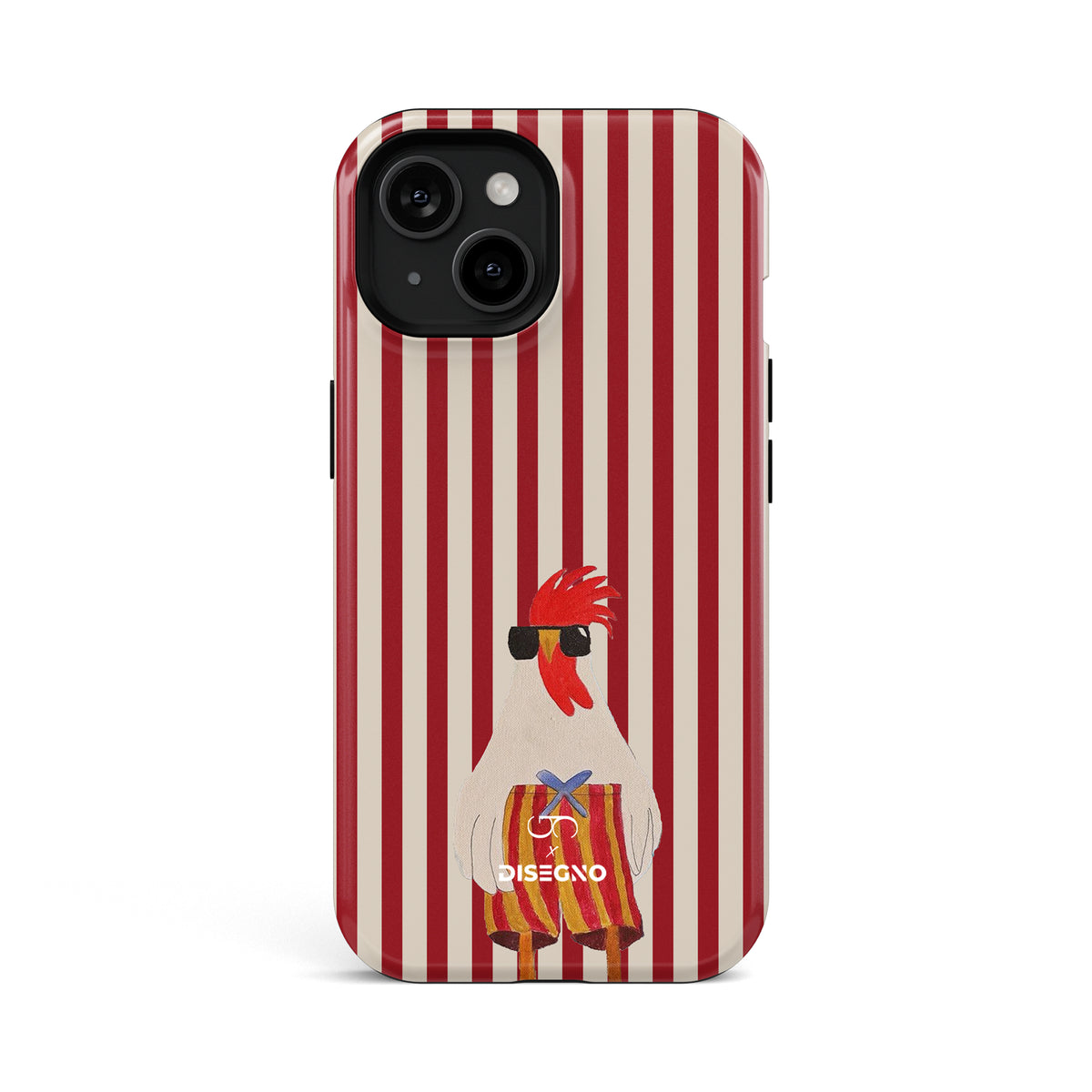 Off Duty tough MagSafe case for iPhone 13 with an illustrated rooster in sunglasses on red and white stripes