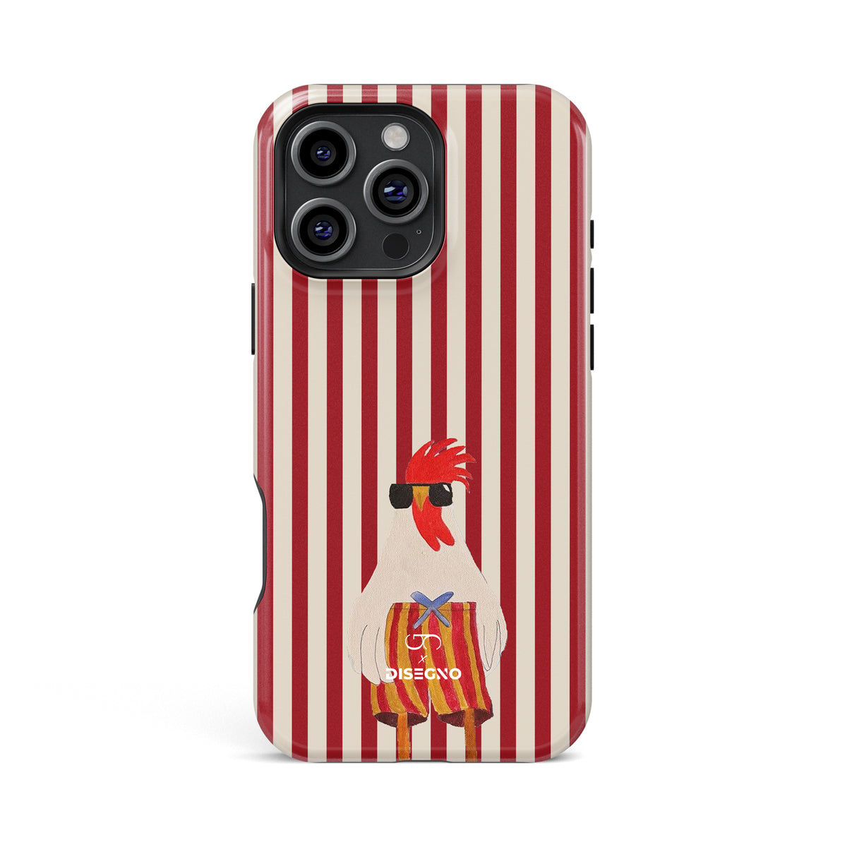 Off Duty tough MagSafe case for iPhone 14 Pro Max with an illustrated rooster in sunglasses on red and white stripes