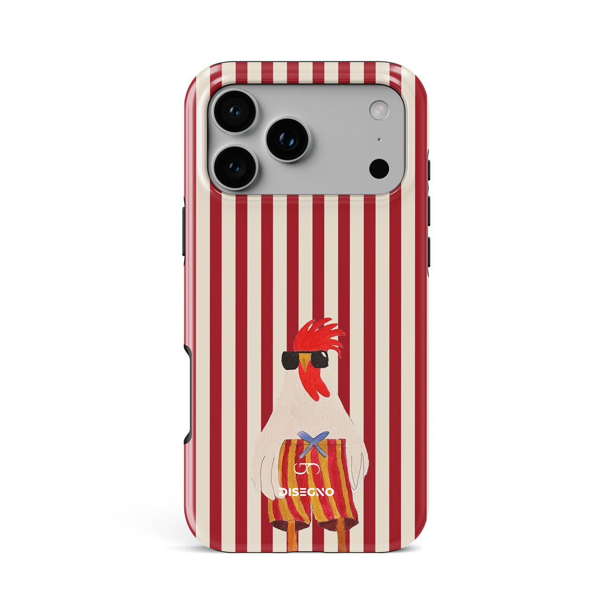 Off Duty tough MagSafe case for iPhone 17 Pro Max with an illustrated rooster in sunglasses on red and white stripes
