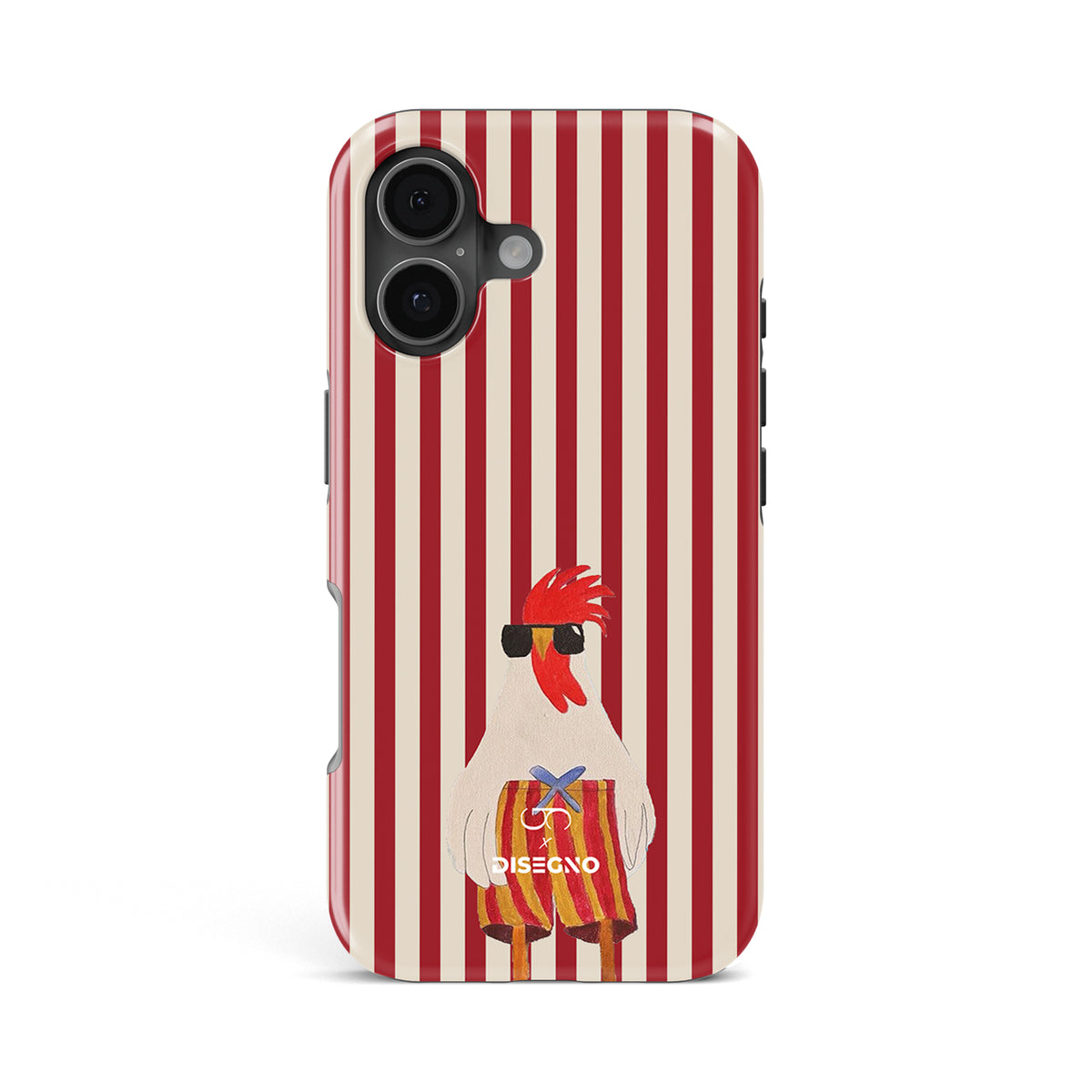 Off Duty tough MagSafe case for iPhone 17 with an illustrated rooster in sunglasses on red and white stripes