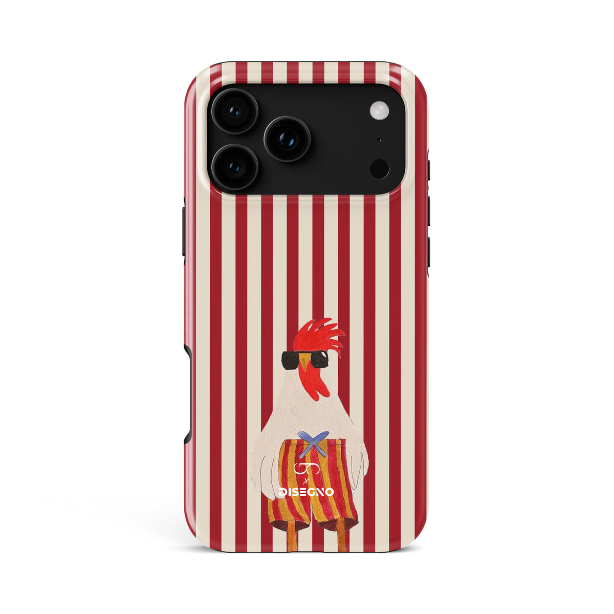 Off Duty tough MagSafe case for iPhone 18 Pro Max with an illustrated rooster in sunglasses on red and white stripes