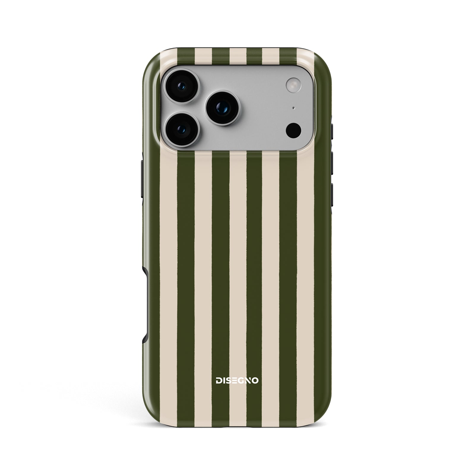 Pistachio Stripes tough MagSafe case for iPhone 17 Pro Max with olive green and cream vertical stripes
