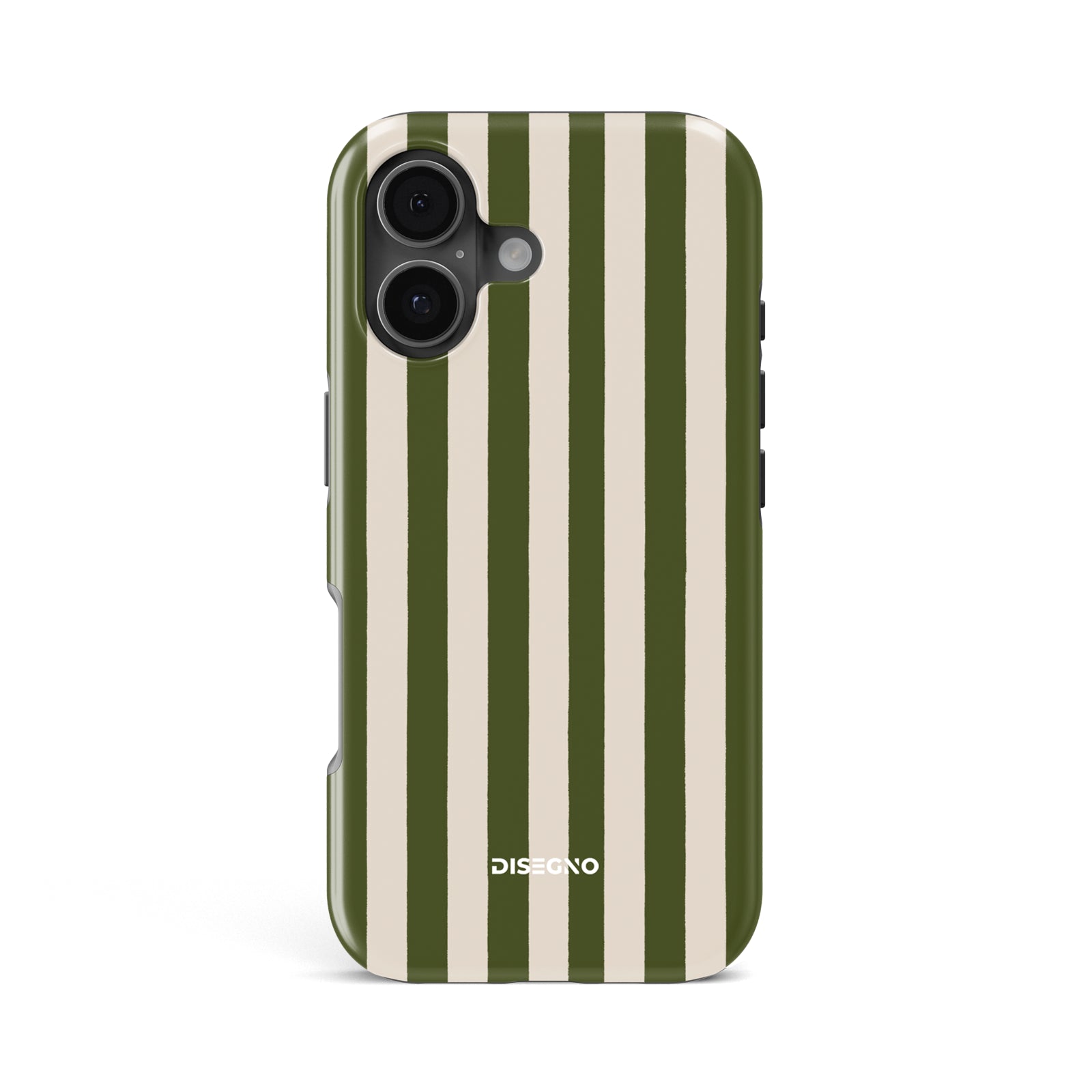 Pistachio Stripes tough MagSafe case for iPhone 17 with olive green and cream vertical stripes