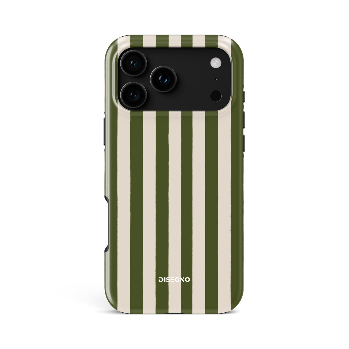 Pistachio Stripes tough MagSafe case for iPhone 18 Pro Max with olive green and cream vertical stripes