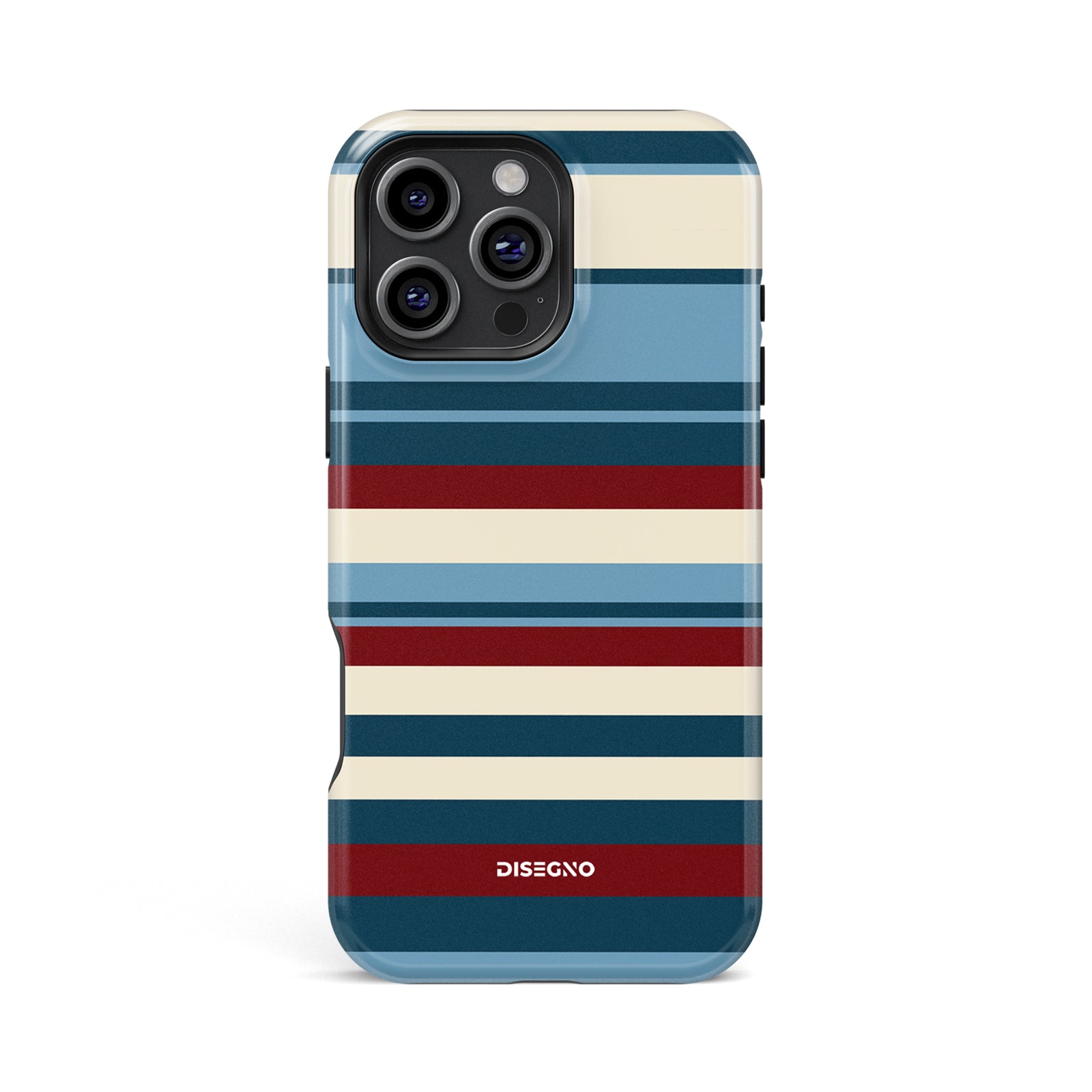 Ritorno Stripes tough MagSafe case for iPhone 13 Pro Max with navy, dusty blue and burgundy stripes on cream